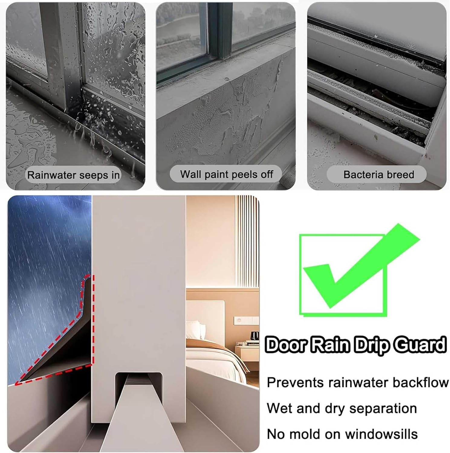 2 sellos para puertas de entrada y ventanas: burlete autoadhesivo de 1,5 m, goma impermeable, protección contra la lluvia, desviador de agua - 7