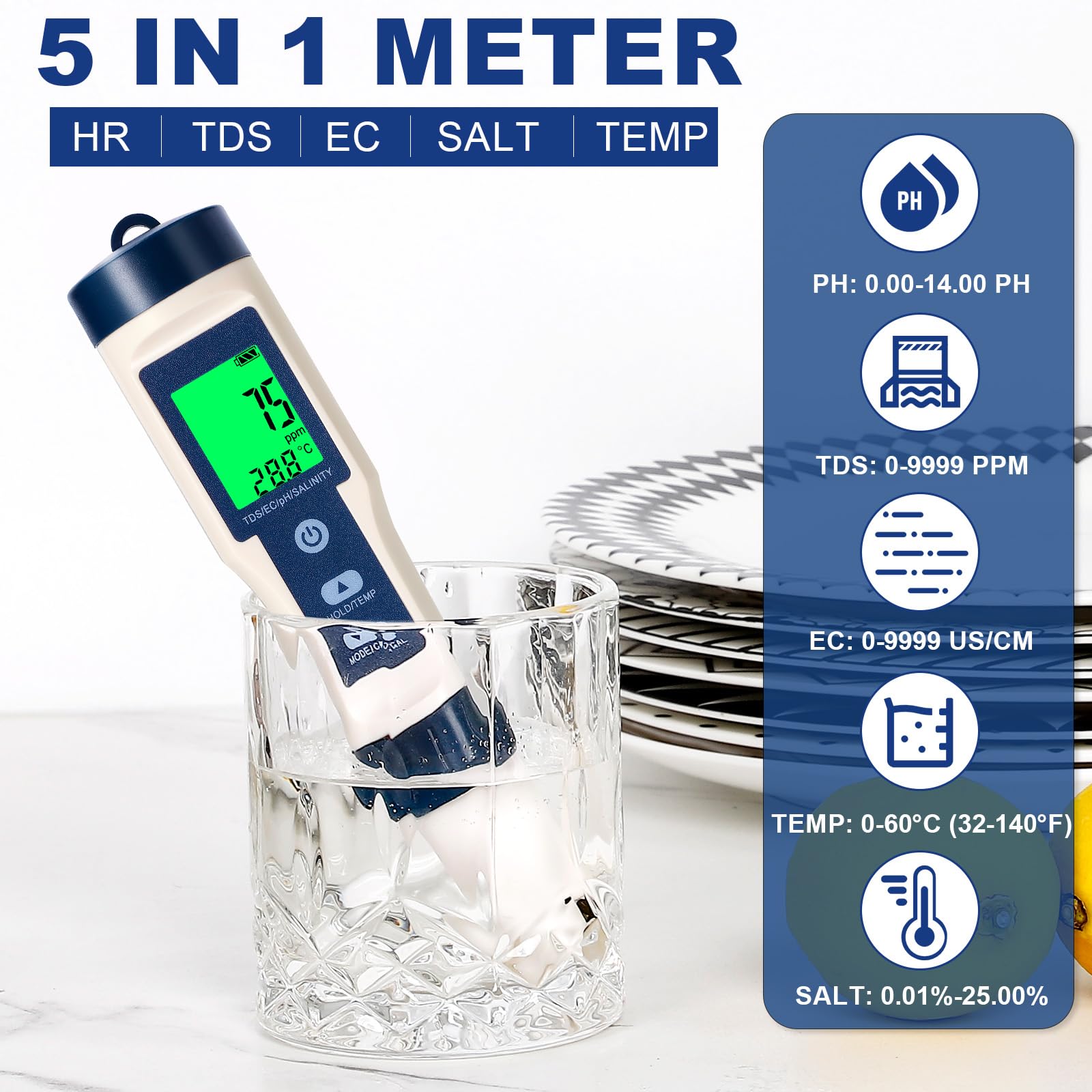 PH Meter 5 In 1 – Tester Digitale Per PH, TDS, EC, Salinità E Temperatura Con LCD Retroilluminato E Calibrazione Automatica