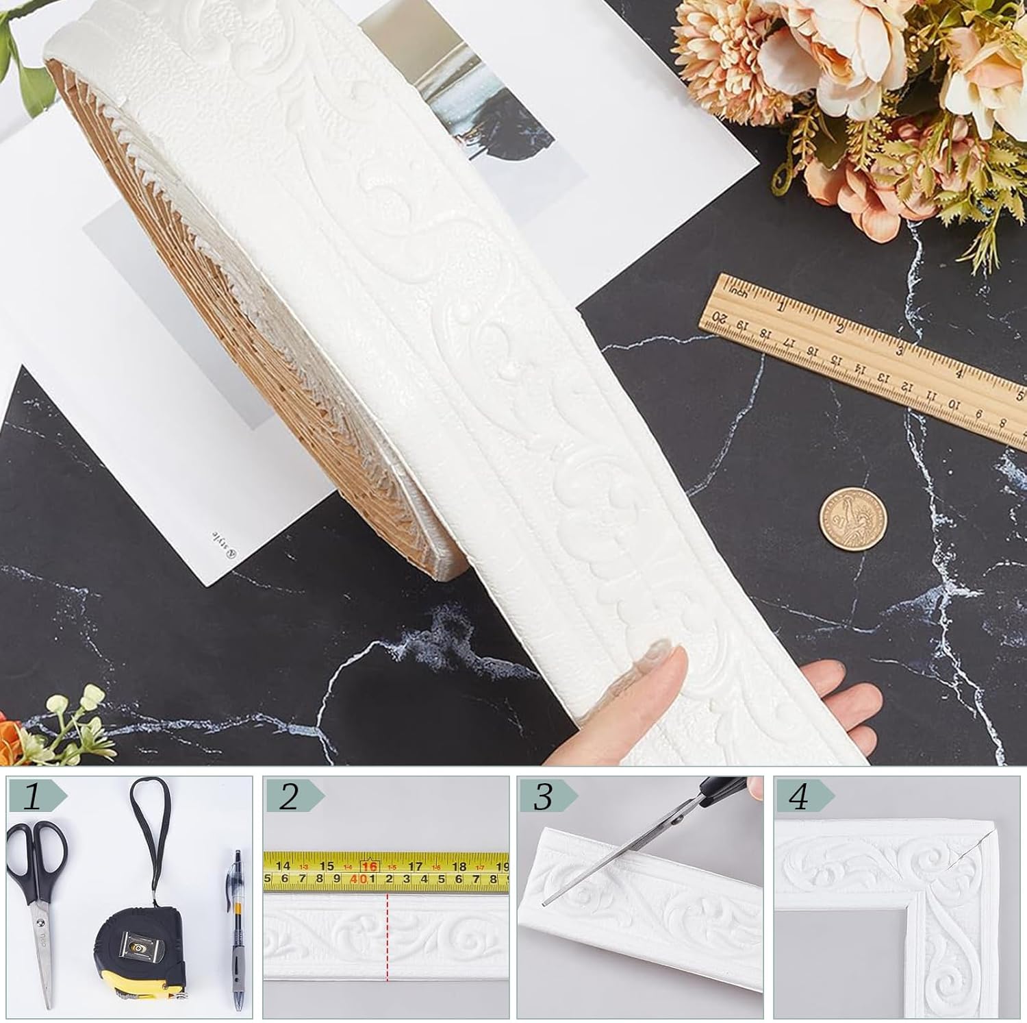 Frise Murale Adhesive, 10 m x 7,8 cm Moulure Murale, Moulure Decorative, 3D Frise Autocollante Blanche pour Couloir, Plafond, Coin, Ligne D'angle - 4