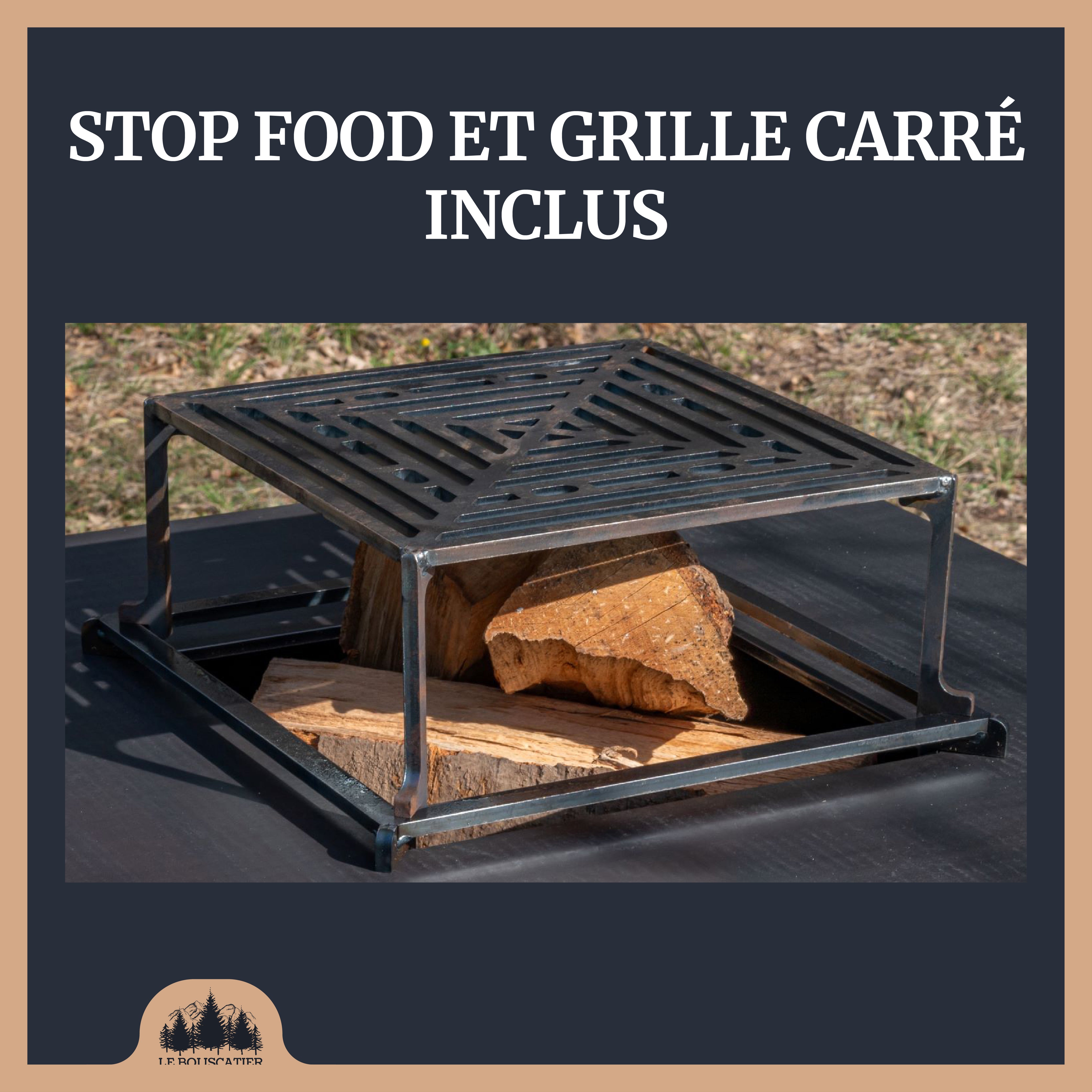 Lou Provençau carré 62x62x75cm - Brasero plancha en acier corten avec rangement bûches - grille de cuisson, stop food et kit d'allumage offert - 6