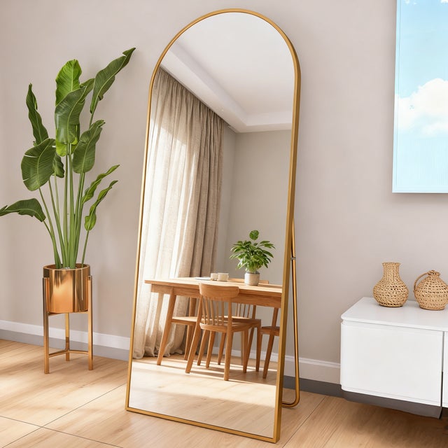 Grand miroir arche - COZY - Miroir sur pied et mural - verre trempé anti-explosion - 60x165 cm - alliage d'aluminium - rétro - doré