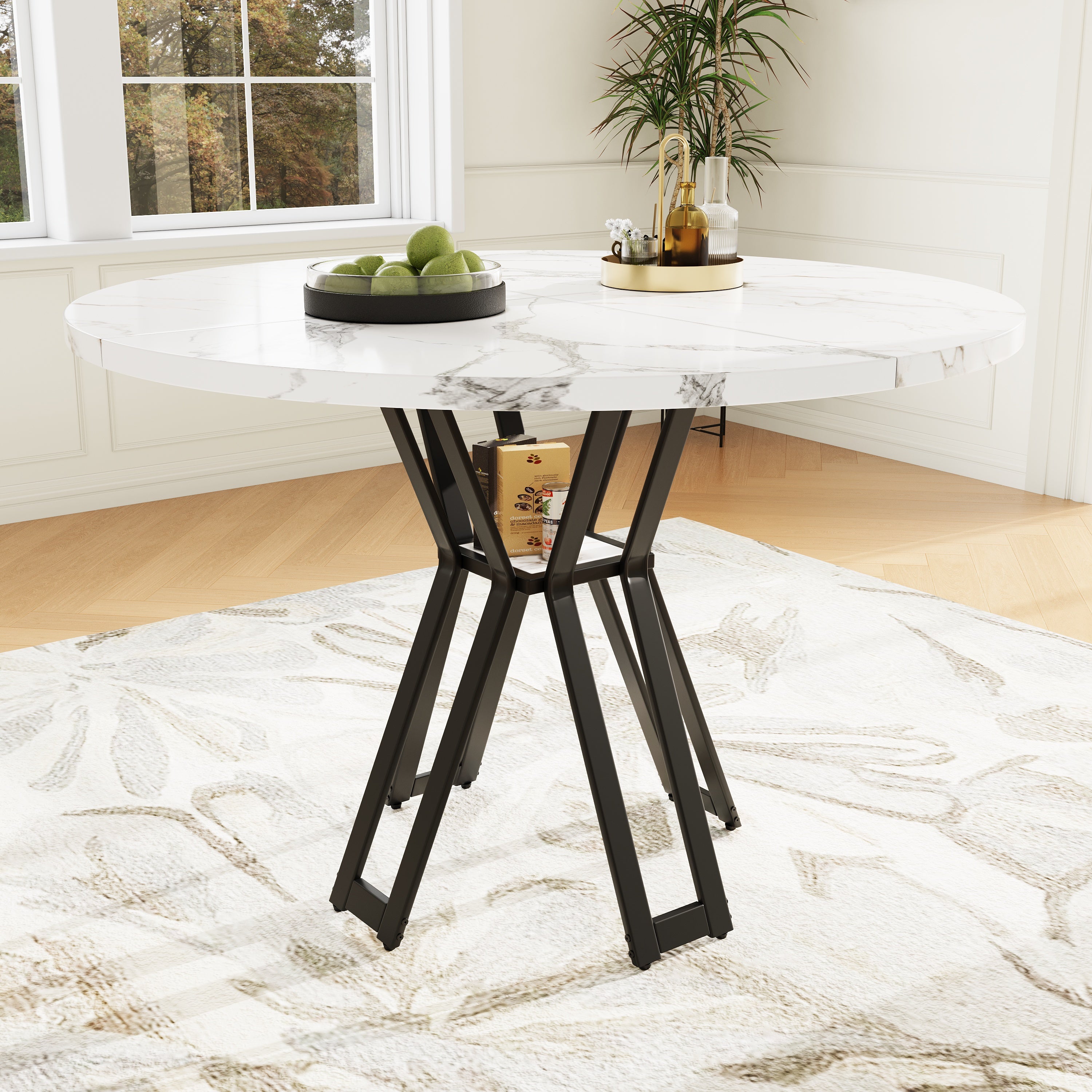 Okrągły stół jadalny dla 4-6 osób - D 100 x W 76 cm - Blat z płyty MDF marmurkowy i nogi metalowe - Biały + czarny