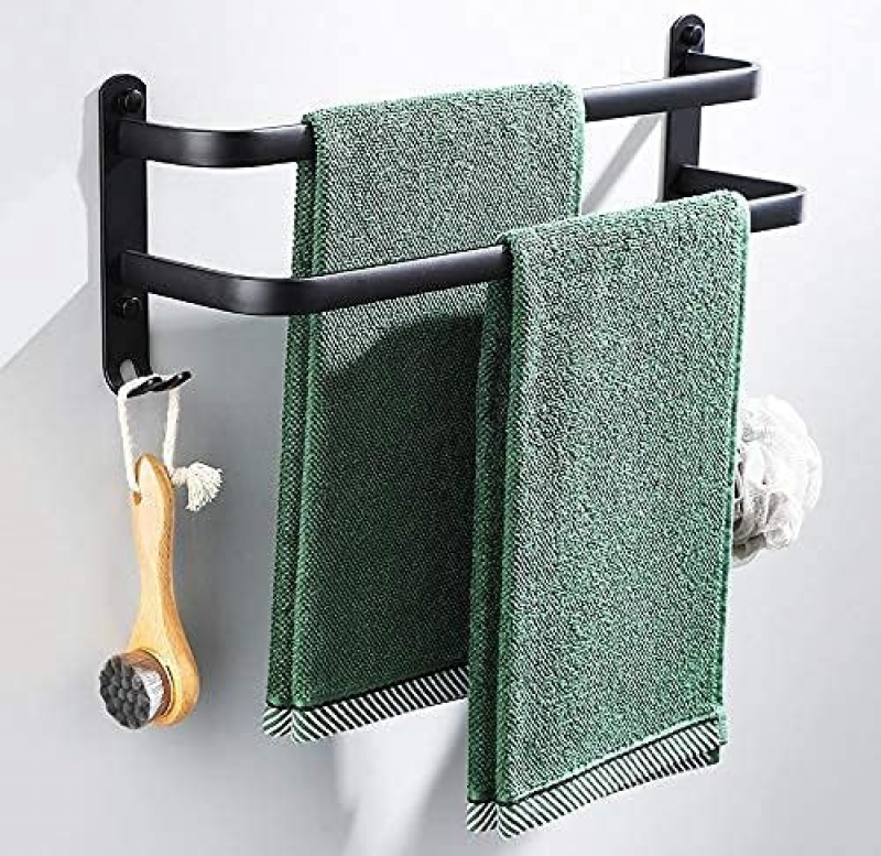 Wieszak na ręczniki łazienkowe, czarny, samoprzylepny, ścienny, do prysznica i kuchni, wodoodporny, z haczykiem (dwa drążki 70 cm)