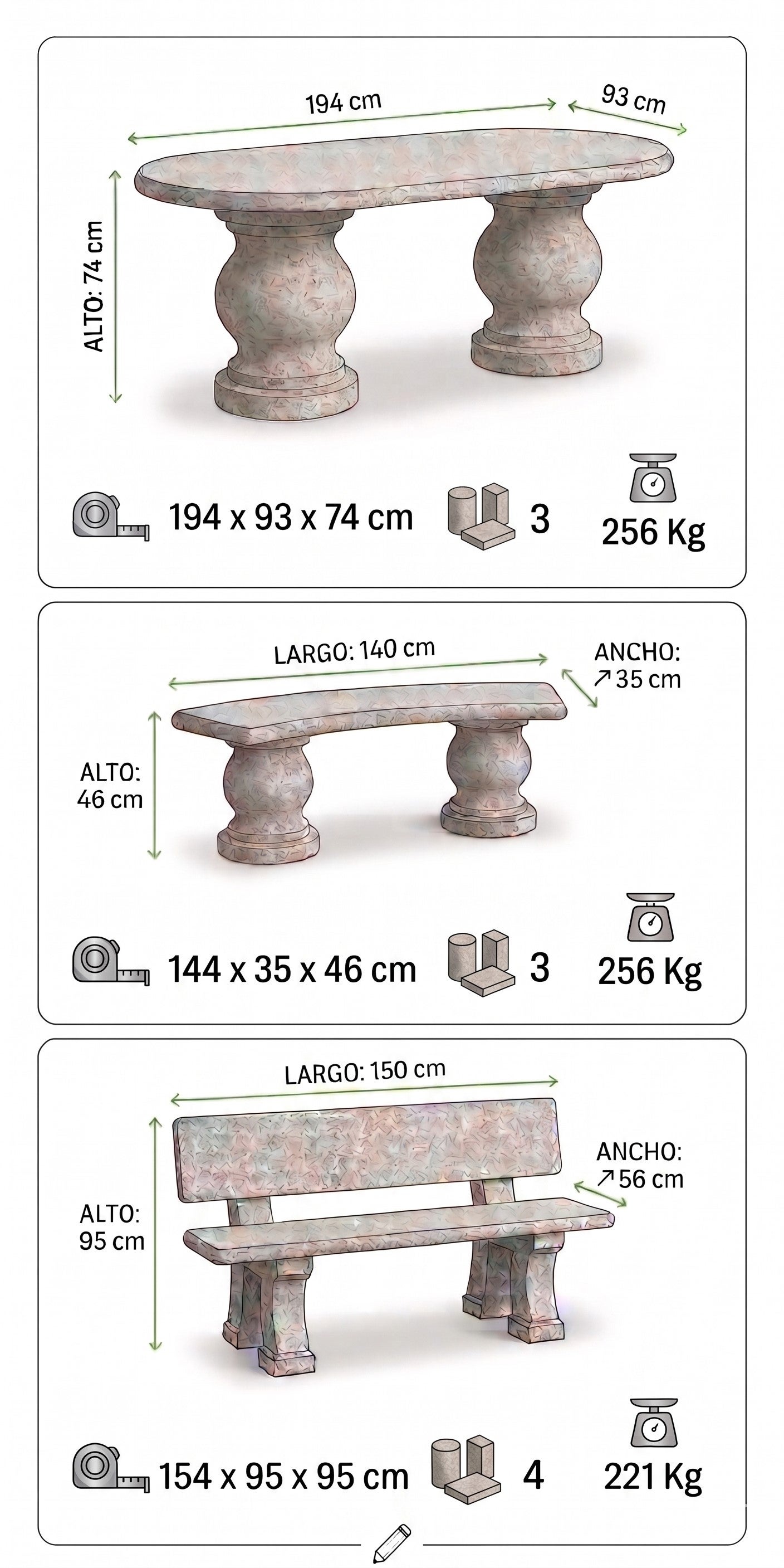 Comedor de Jardín Mesa Oval y Bancos en Hormigón Piedra 194x93cm. AZALEA con dos Respaldos - 6