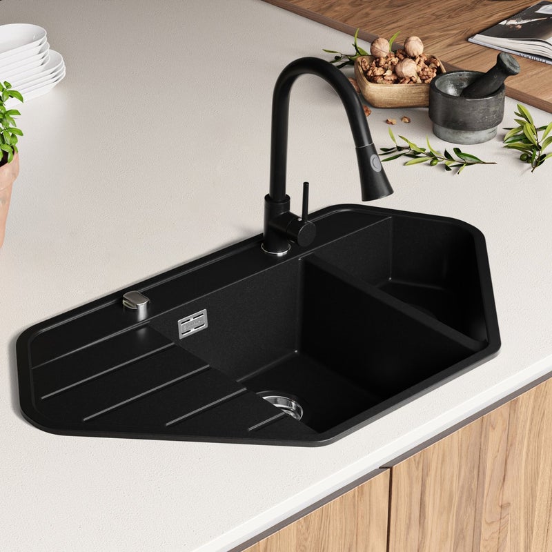 Zlewozmywak Narożny Czarny 90x50cm, Zlew Kuchenny 1,5 Komorowy + Syfon, Nablatowy do szafki od 70cm - Kopenhaga Corner PRIMAGRAN