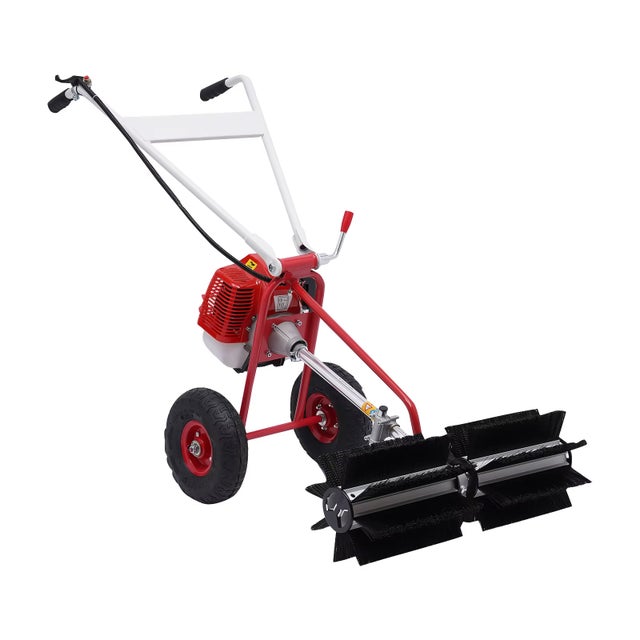 AUTRUCKER Balayeuse électrique, balayeuse à gazon,balayeuse à rouleaux pour feuilles,poignée réglable en hauteur,moteur à essence 43 cm3(662 coups)