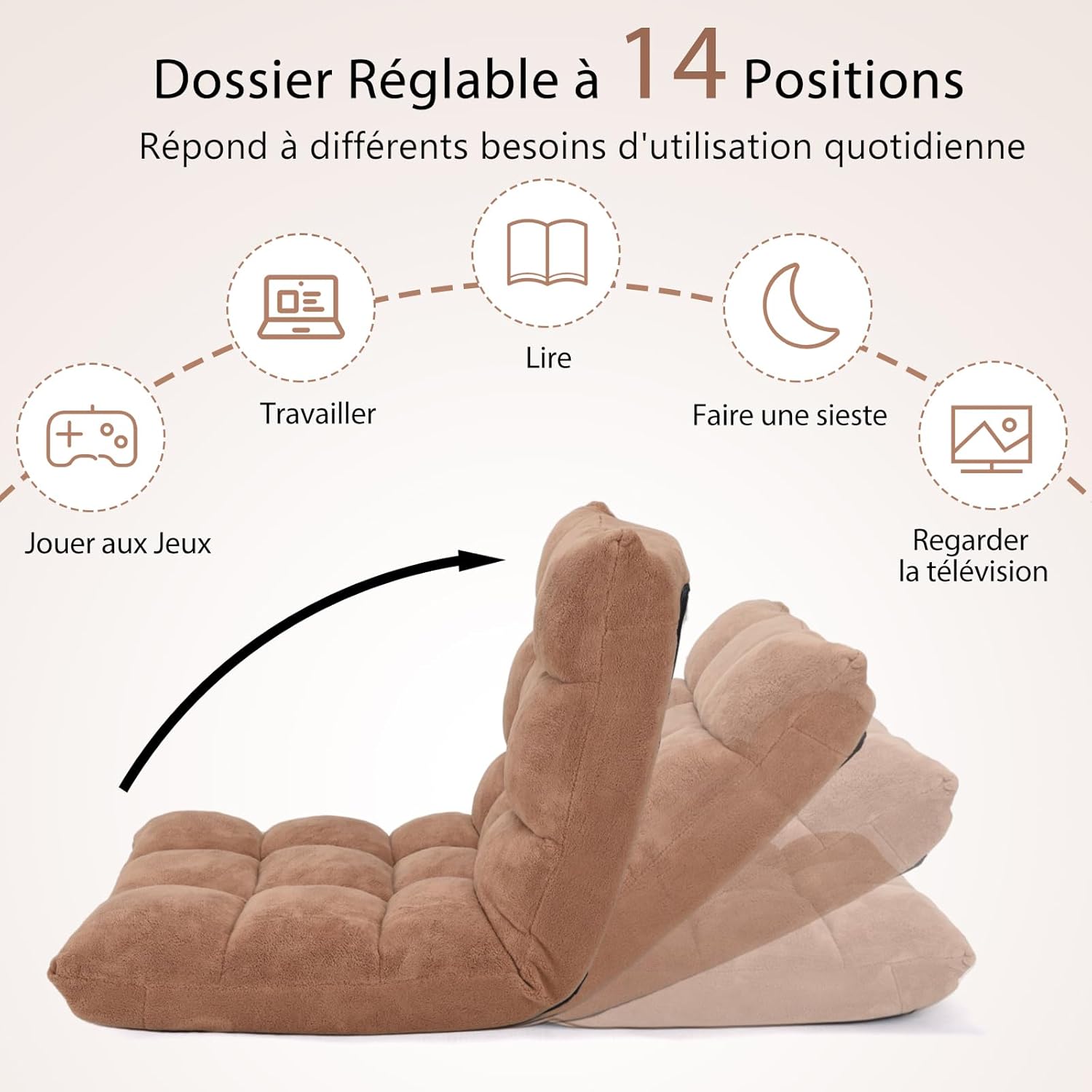 Canapé Paresseux Tatami Pliable Chaise de Plancher Coussin de Chaise de Lit Siège de Sol pour Maison, Bureau 105 x 56 x 15 CM (Jaune) - 4