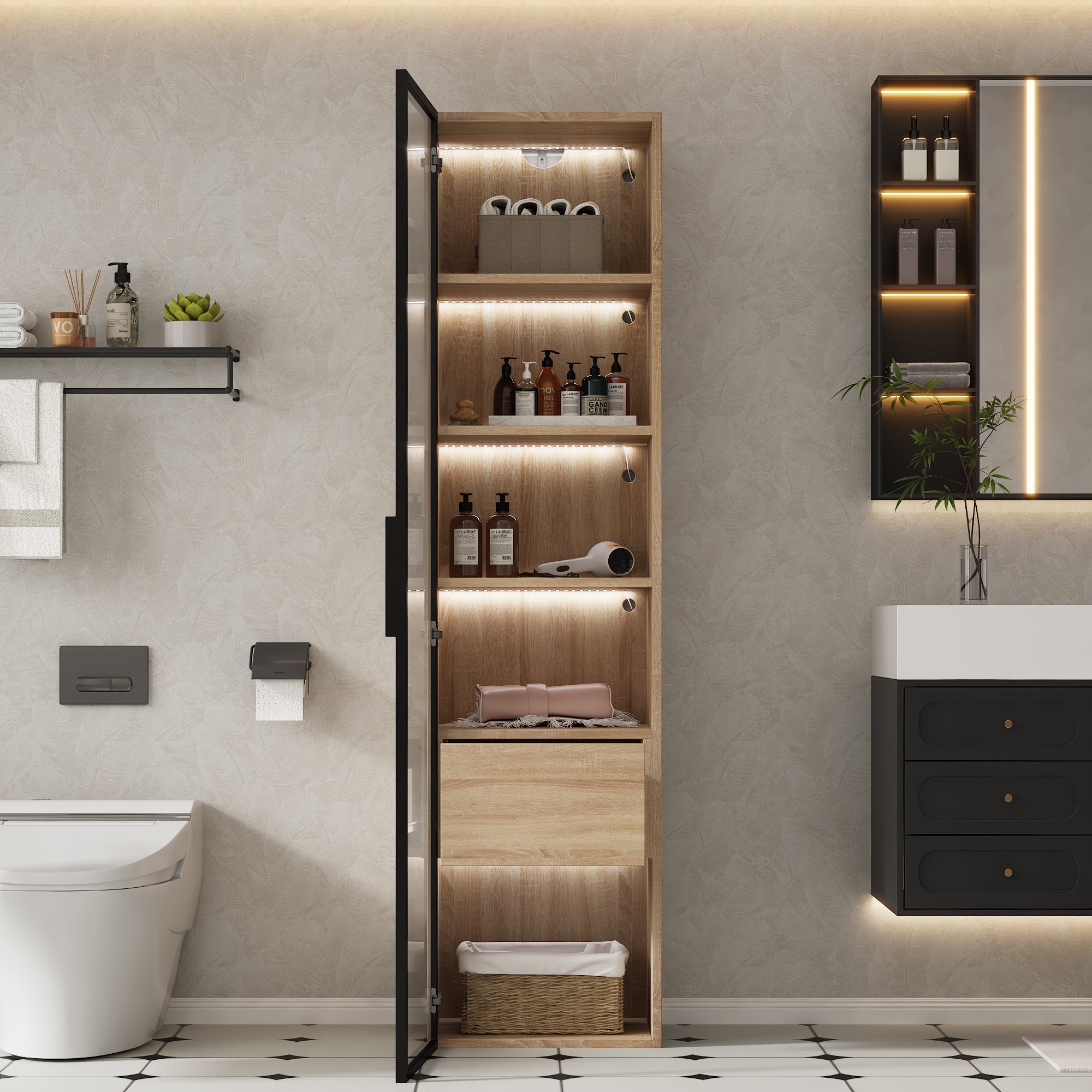 Vetrina, credenza alta con 1 anta in vetro e 1 cassetto interno - 40 X 34,5 X 165 cm - Legno MDF - Naturale - 5