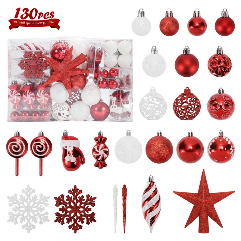 130x Adornos de Navidad irrompibles de plástico rojo y blanco