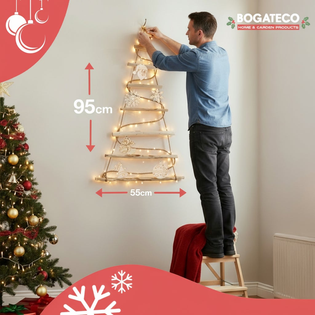 BOGATECO Sapin de Noël fait main de 95 cm de haut avec décorations | lumières LED | Panneaux en bois reliés par une corde de jute - 8
