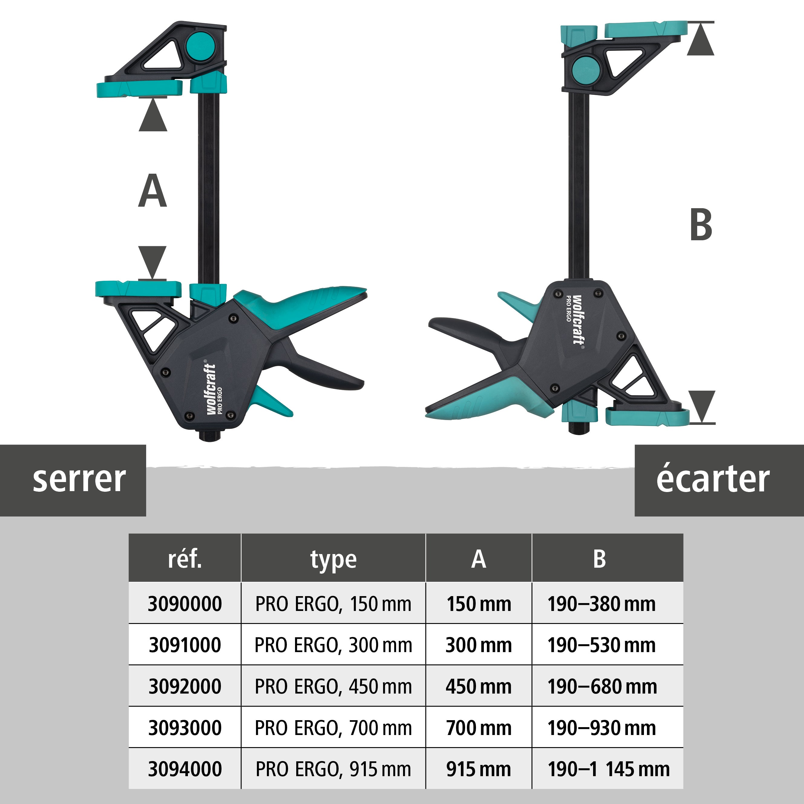 Kit de 2 Serre-Joints à une main PRO ERGO - Ouverture jusqu'à 450 mm - Force de serrage max. 150 kg - wolfcraft 8672060 - 2