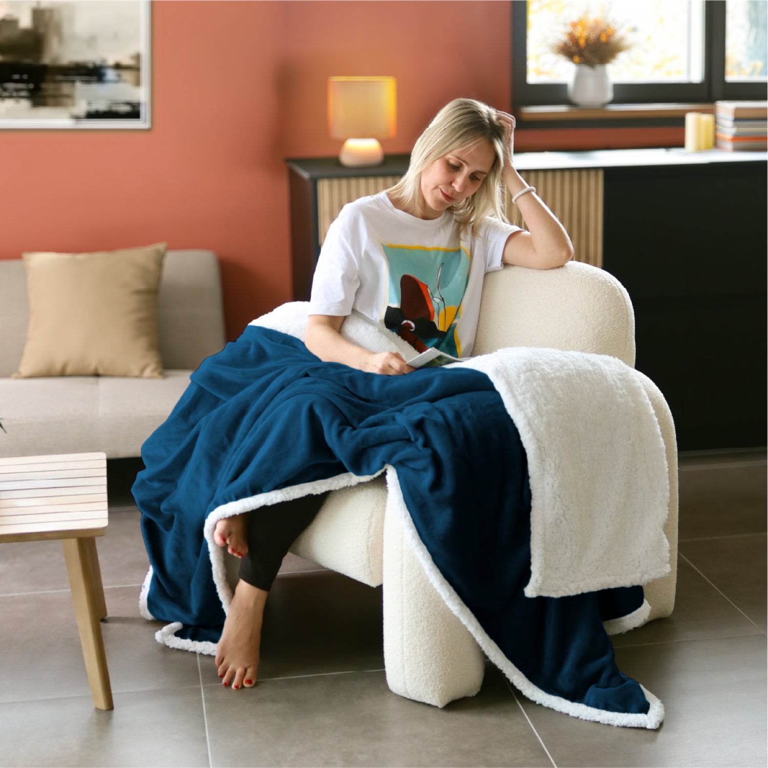 Couverture, plaid polaire 150 x 200 cm en flanelle et sherpa ultra doux - Bleu - Vivezen - 3