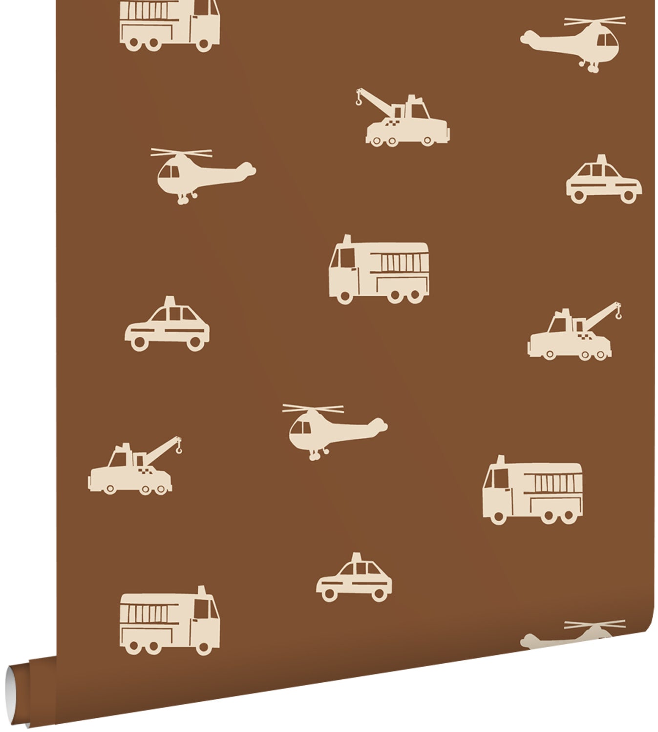 Tapeta samochody, wozy strażackie, helikoptery i dźwigi brązowym - 50 x 900 cm - ESTAHOME