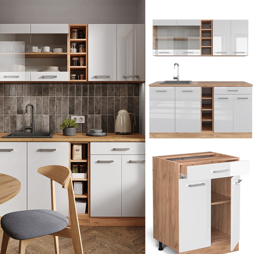 Vicco Cuisine R-Line, Blanc brillant/Chêne doré, 160cm sans PT - 8