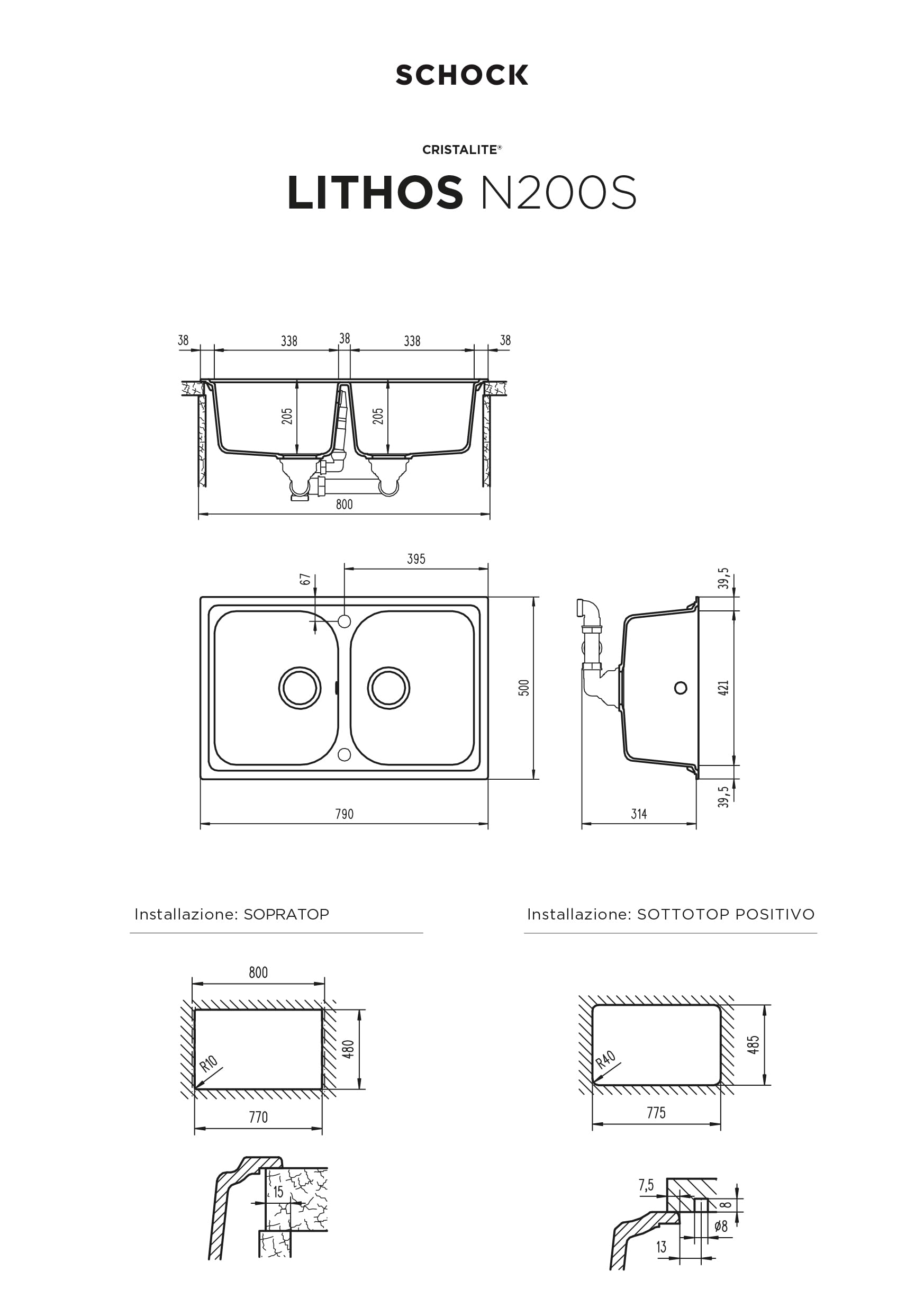 SCHOCK | Lavello Cucina Lithos N200S 2 Vasche Small, Materiale Cristalite®, Nero Assoluto, 790x500mm - 2