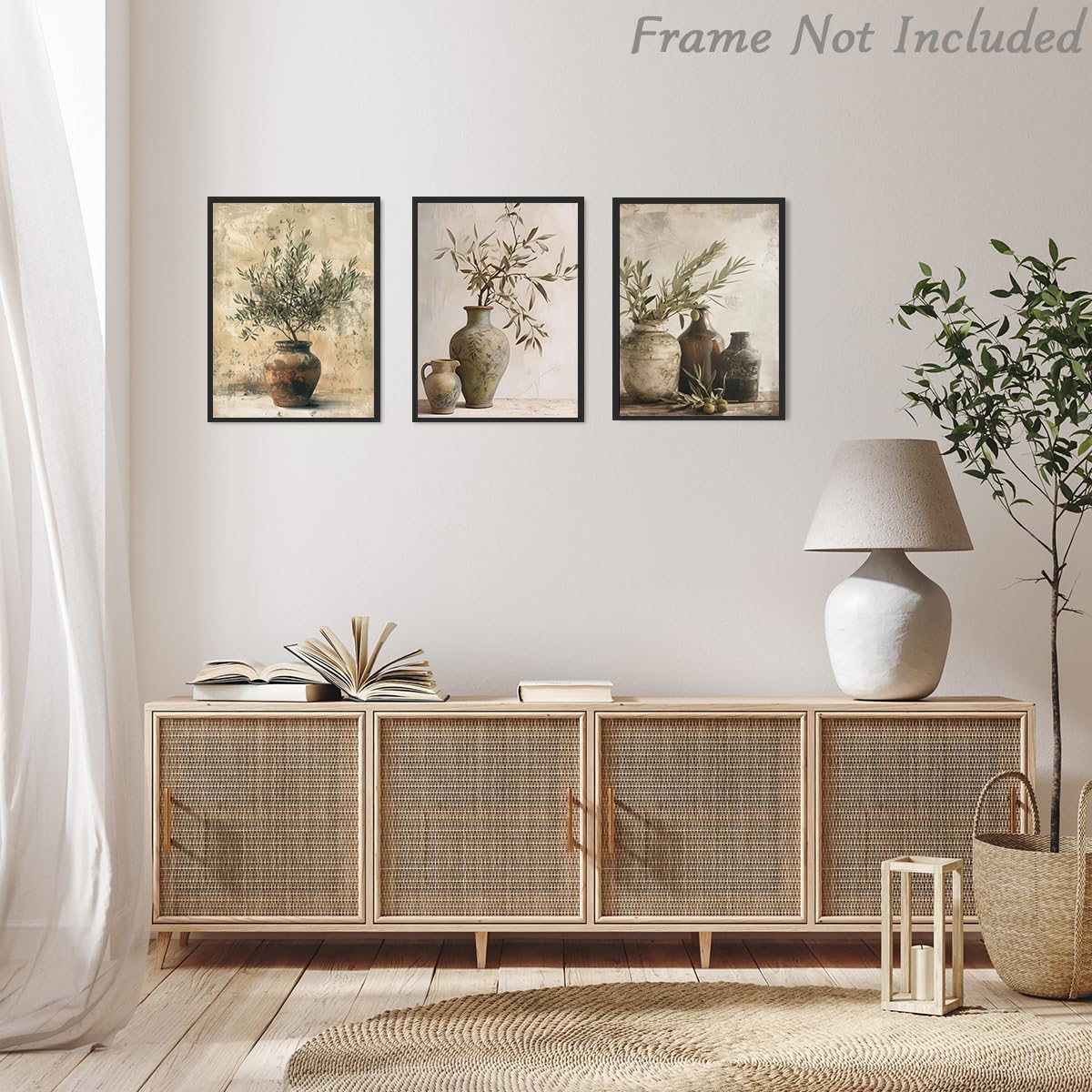 Set de 3 Décoration Murale de Branche d'Olivier Rustique, Impressions sur Toile dans Pot en Terre Cuite pour Style Fermier 12x16 pouces sans Cadre - 2