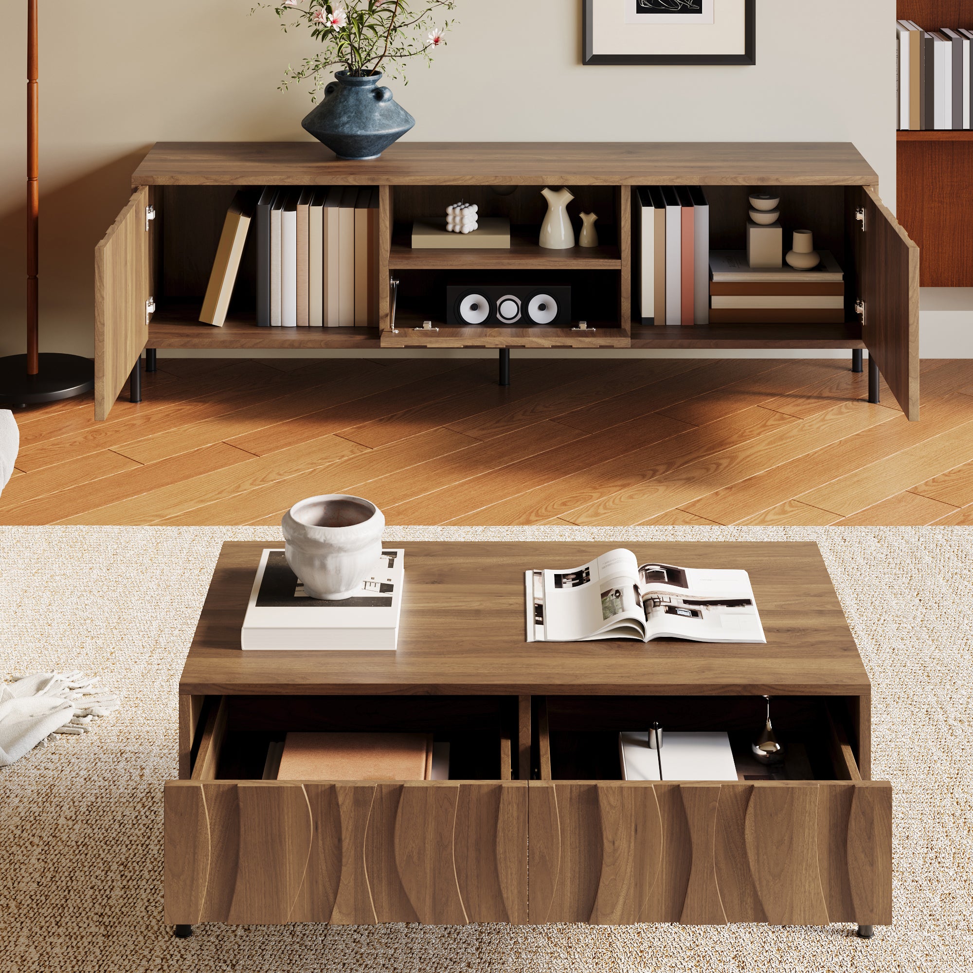 Zestaw stolika kawowego i szafki RTV - 160 x 35 x 46 cm + 105 x 55 x 41 cm - Drzwi z falistym wzorem - Płyta MDF - Naturalna - 3