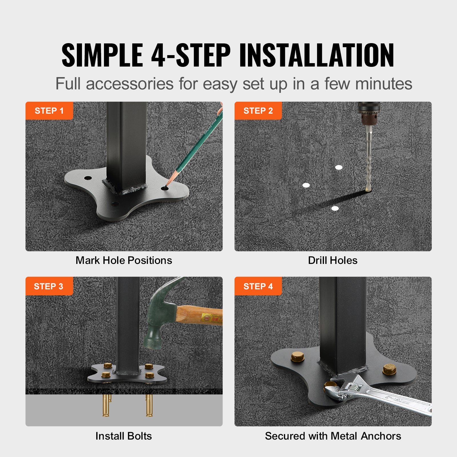 Main Courante Escalier VEVOR Fer Forgé Rampe Escalier 1-4 Marches Garde-Corps Extérieur 83,5x172,5 cm Rambarde Réglable 0-50° Barres Kit Installation - 4