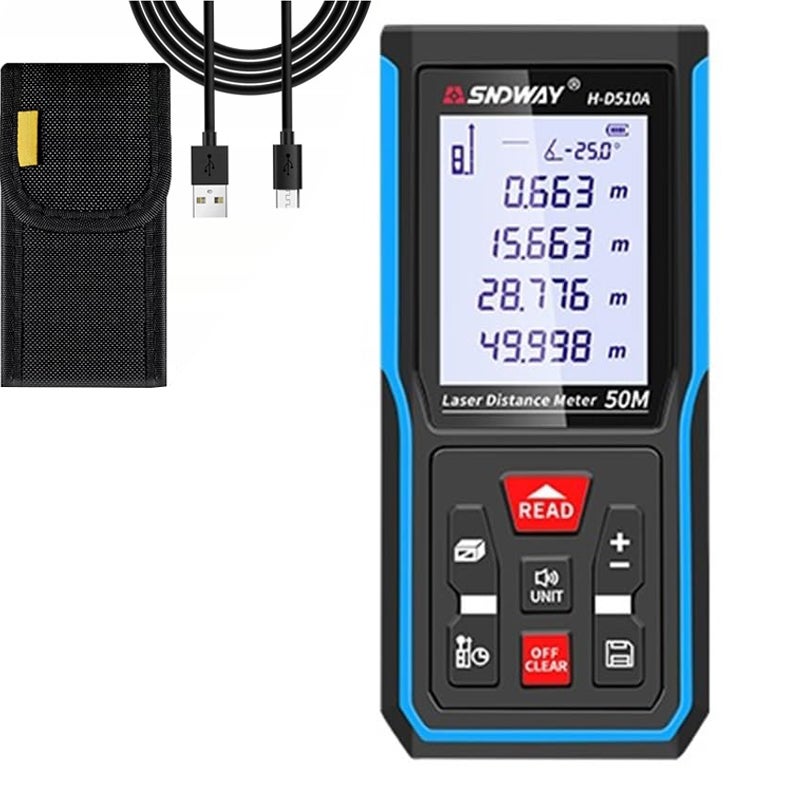 Ładowalny dalmierz laserowy 50M, dokładność ±2 mm, przełącznik jednostek M/in/ft, 9 trybów (z baterią)