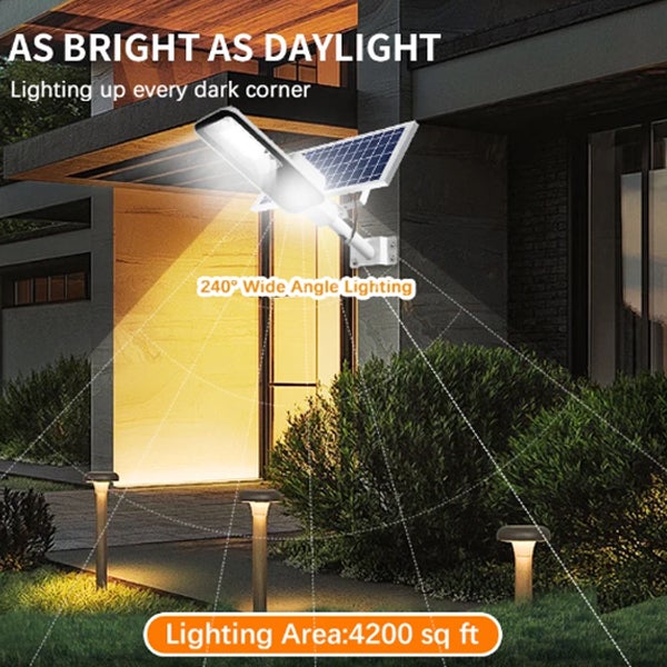 Luz solar exterior com painel solar ajustável/comando, refletor de 120 LEDs 15000mAh/200W com sensor de movimento para entrada, jardim - 4