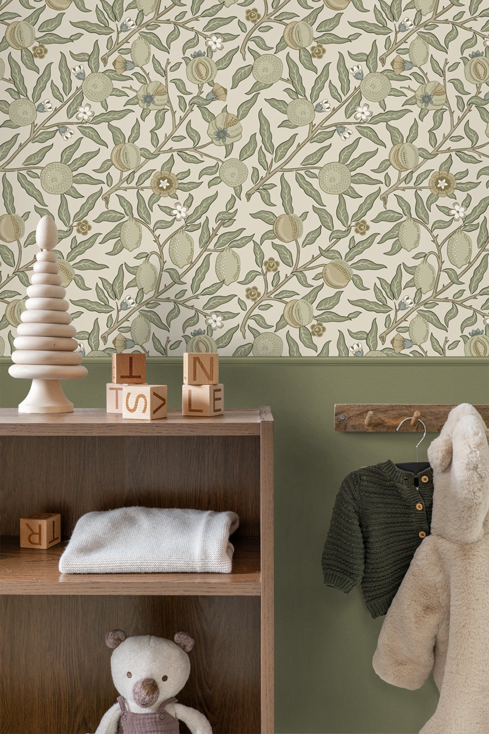 Papier peint des fruits et des feuilles exotiques vert olive grisé - 50 x 900 cm - ESTAhome - 3