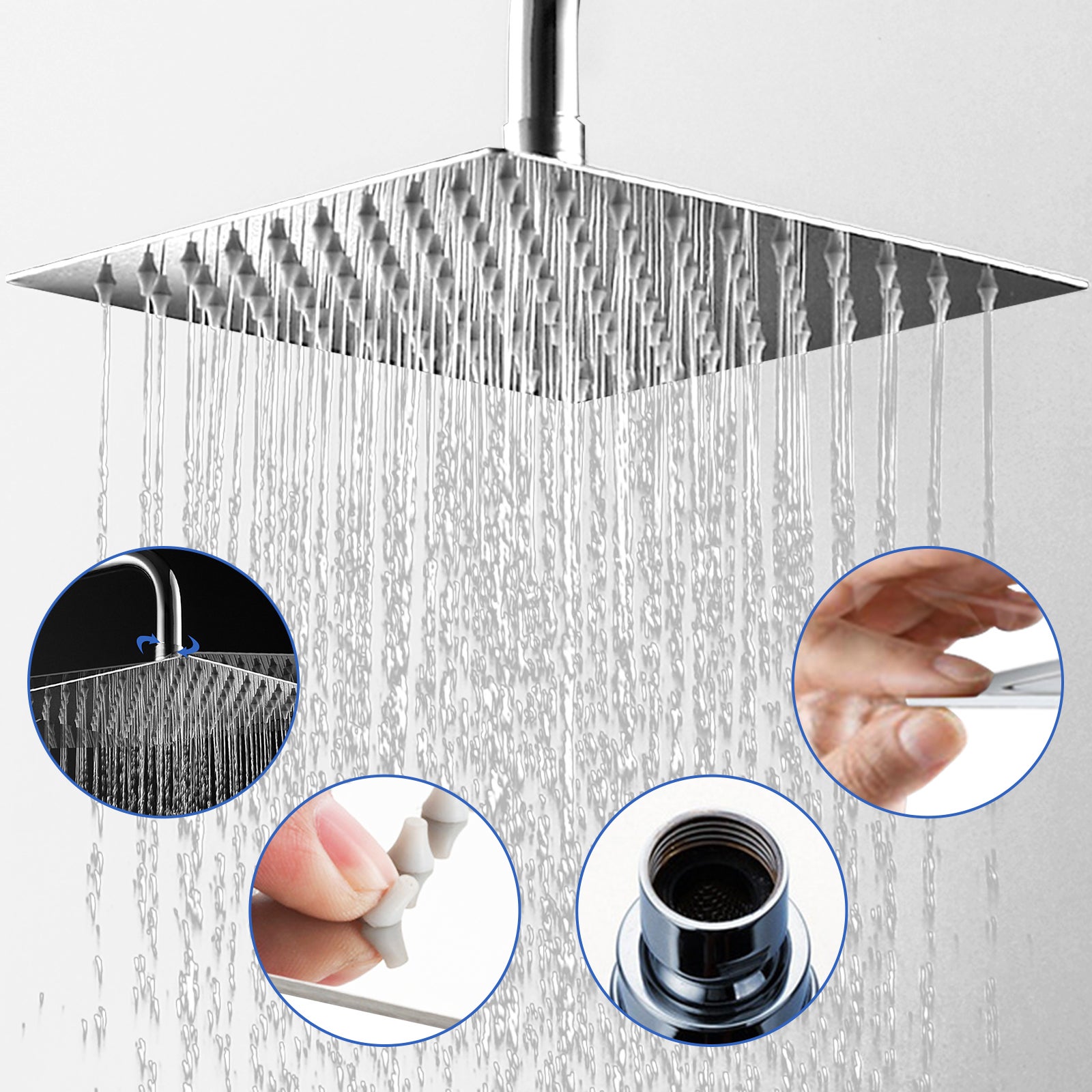 Pommeau De Douche Effet Pluie Carré 8 Pouces - Acier Inoxydable, 81 Jets, Anti-calcaire, Angle Réglable, Facile à Nettoyer