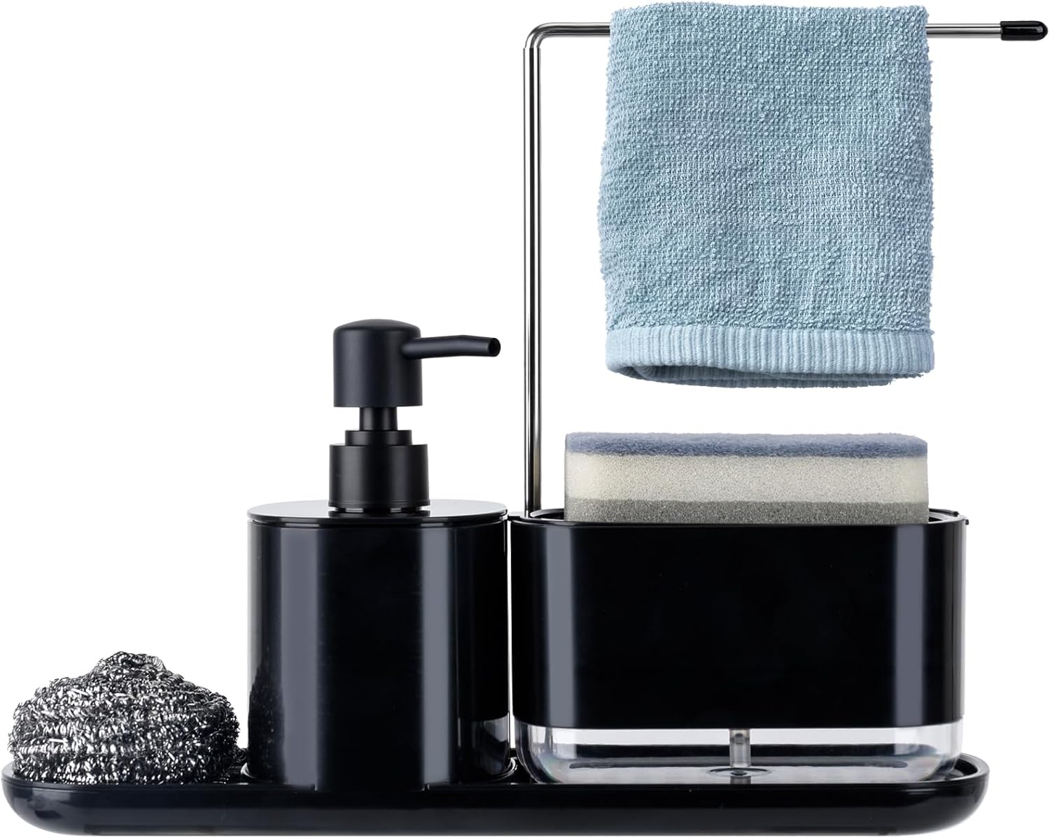 Dozownik płynu do naczyń 5 w 1, Dozownik mydła w płynie, dozownik mydła i uchwyt na gąbkę z gąbką, uchwyt na ręczniki i zmywak