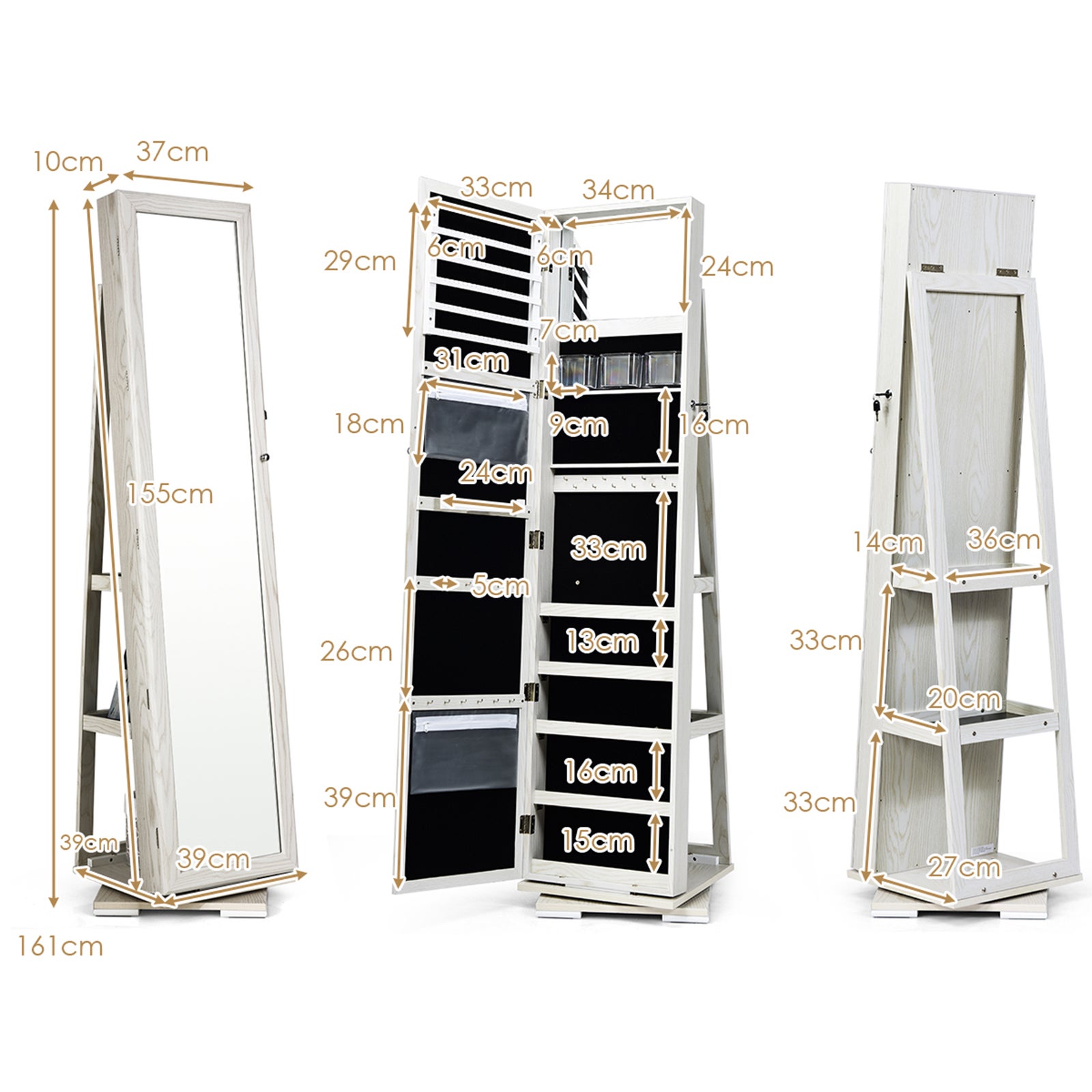 Armoire à Bijoux Pivotante à 360 Degrés sur Pieds,avec Grand Miroir Psyché et Etagère de Rangement à L’Arrière (Blanc) - 3