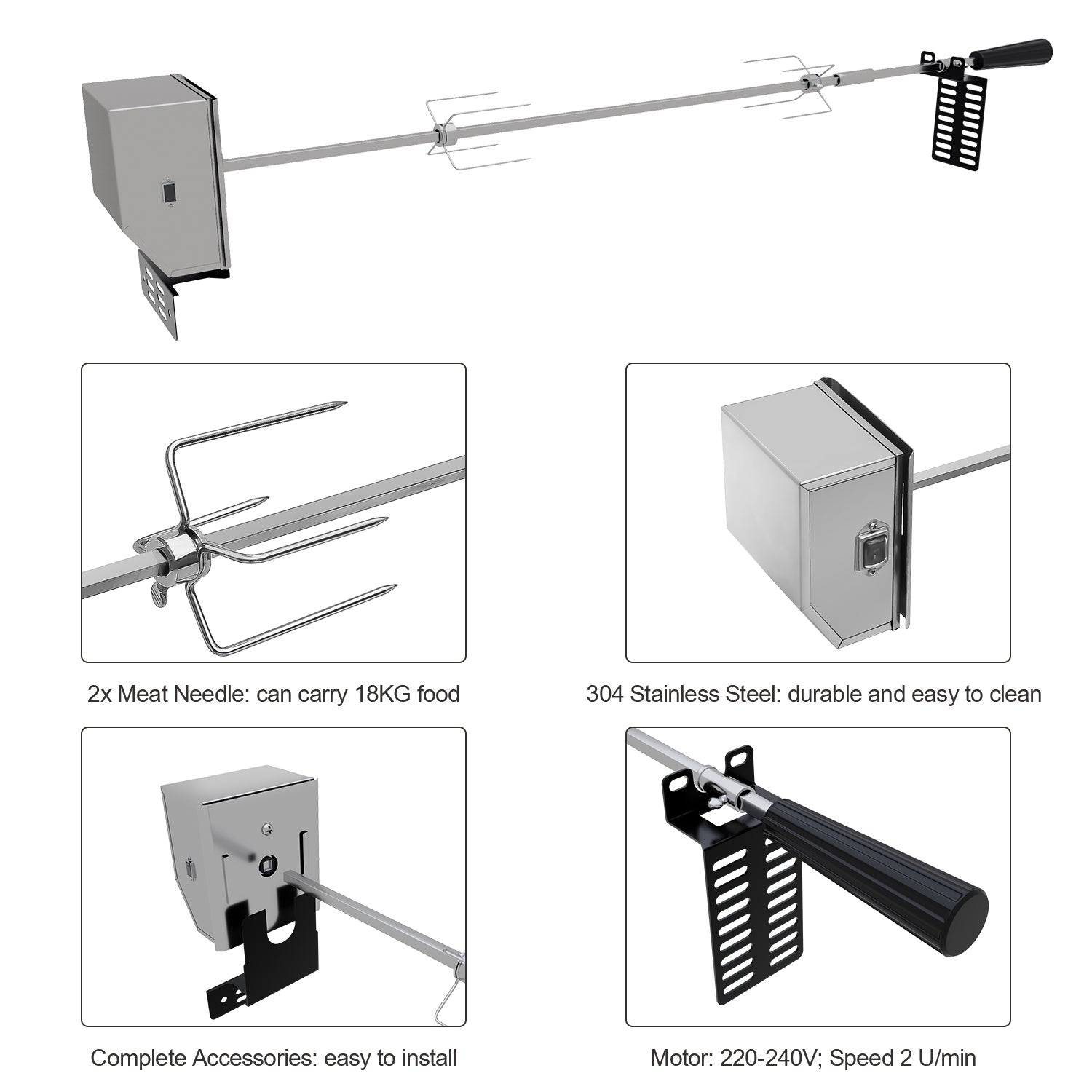 Broche BBQ Set de brochettes Barbecue électrique pour grill 107cm BBQ Tourne Broche en Acier Inoxydable avec Electrique avec Moteur - 4