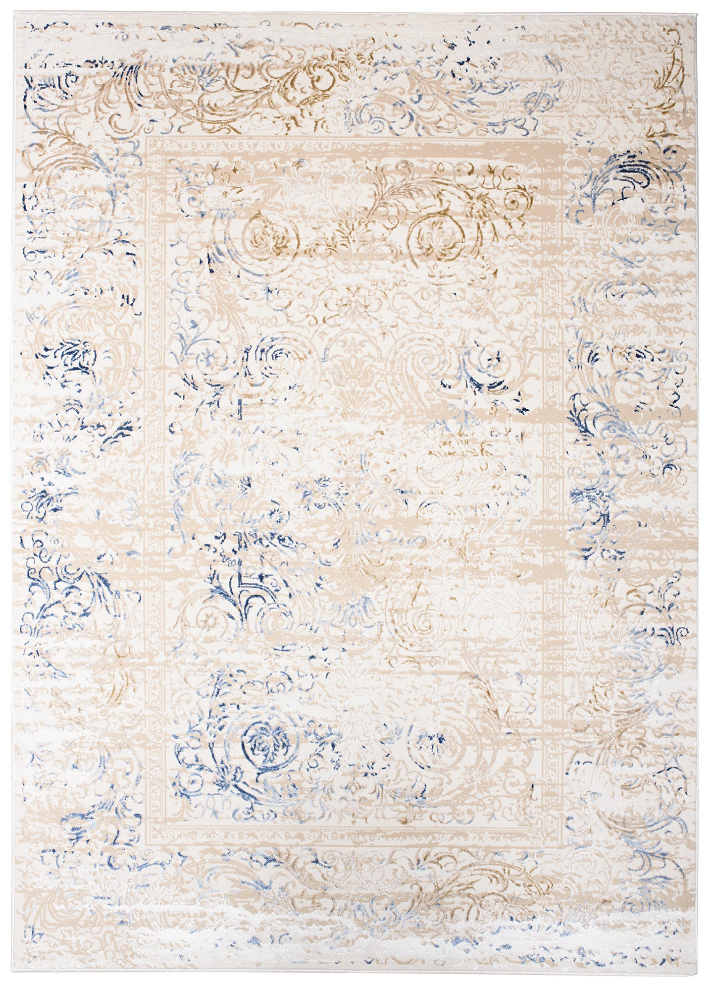 TAPISO Hera Tapis Salon Chambre Brillant Crème Beige Bleu Vintage Floral Ornamental Bordé Moucheté Effet 3D OEKO-TEX 80 x 150 cm - 2