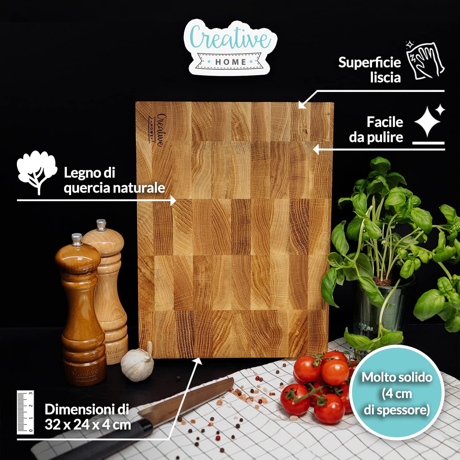Creative Home Grande Tagliere Professionale 32 x 24 x 4cm | Accessorio da Cucina in Legno Massello | Quercia Naturale | per Salumi Pane Formaggi Pesce - 8