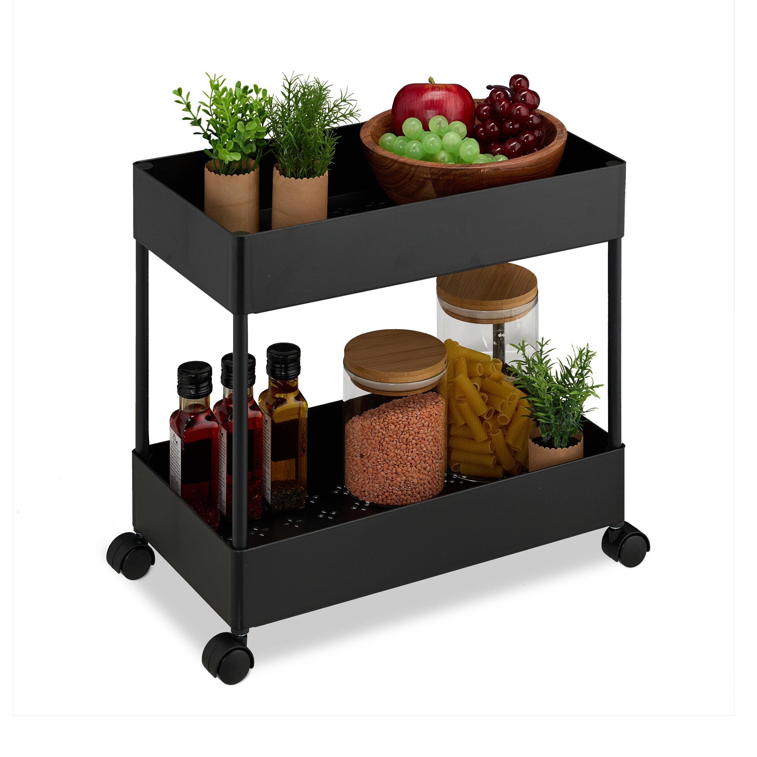 Carrello Portaoggetti A 3 Livelli Su Ruote | 43x36x86 Cm | Organizer In ABS E Acciaio | Per Cucina, Bagno, Lavanderia (Nero)