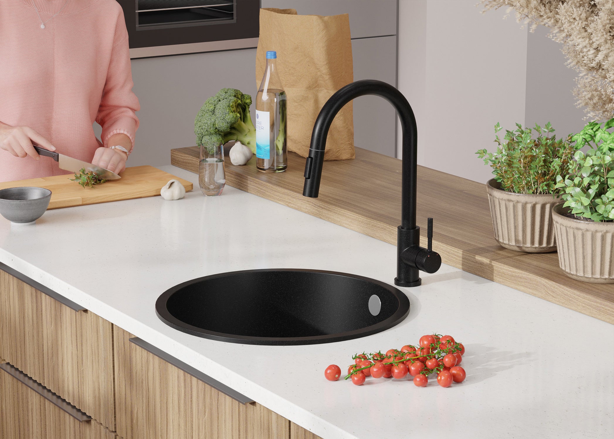 Lavandino Rotondo Tutto Nero 46x46cm, Lavello in Granito a 1 vasca + Sifone Classico + Accessori, Lavabo da Cucina Incasso al mobile 50cm PRIMAGRAN - 9