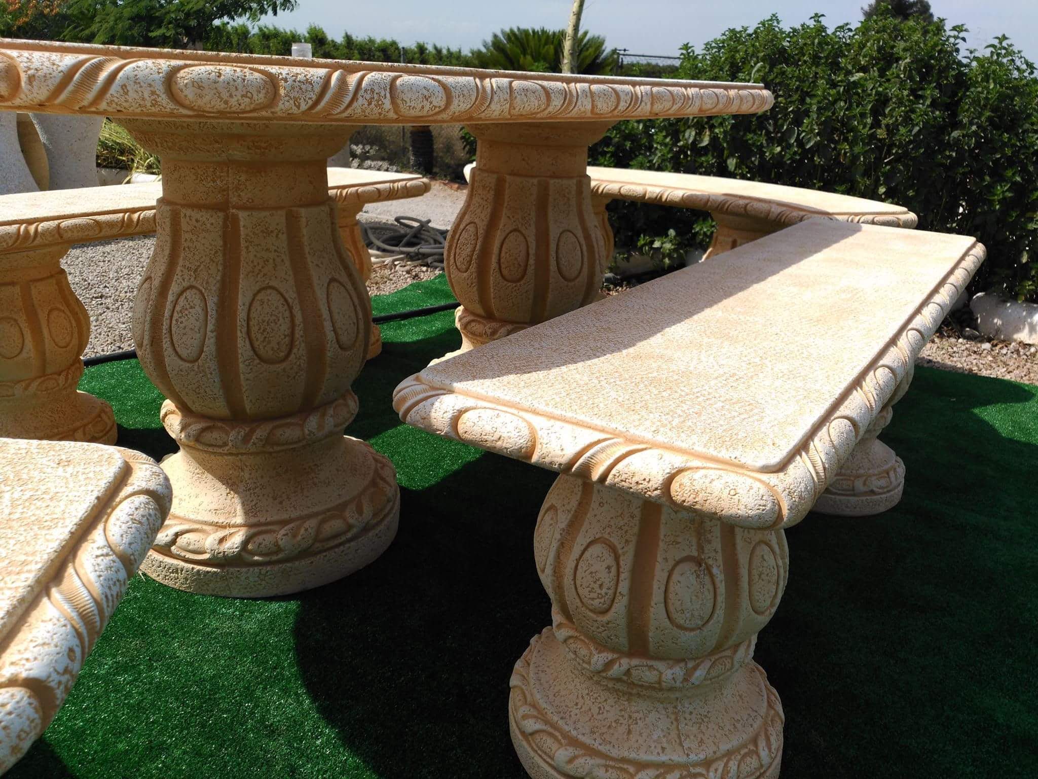Comedor de Jardín Mesa Oval y Bancos en Hormigón Piedra 194x93cm. AZALEA con dos Respaldos - 5
