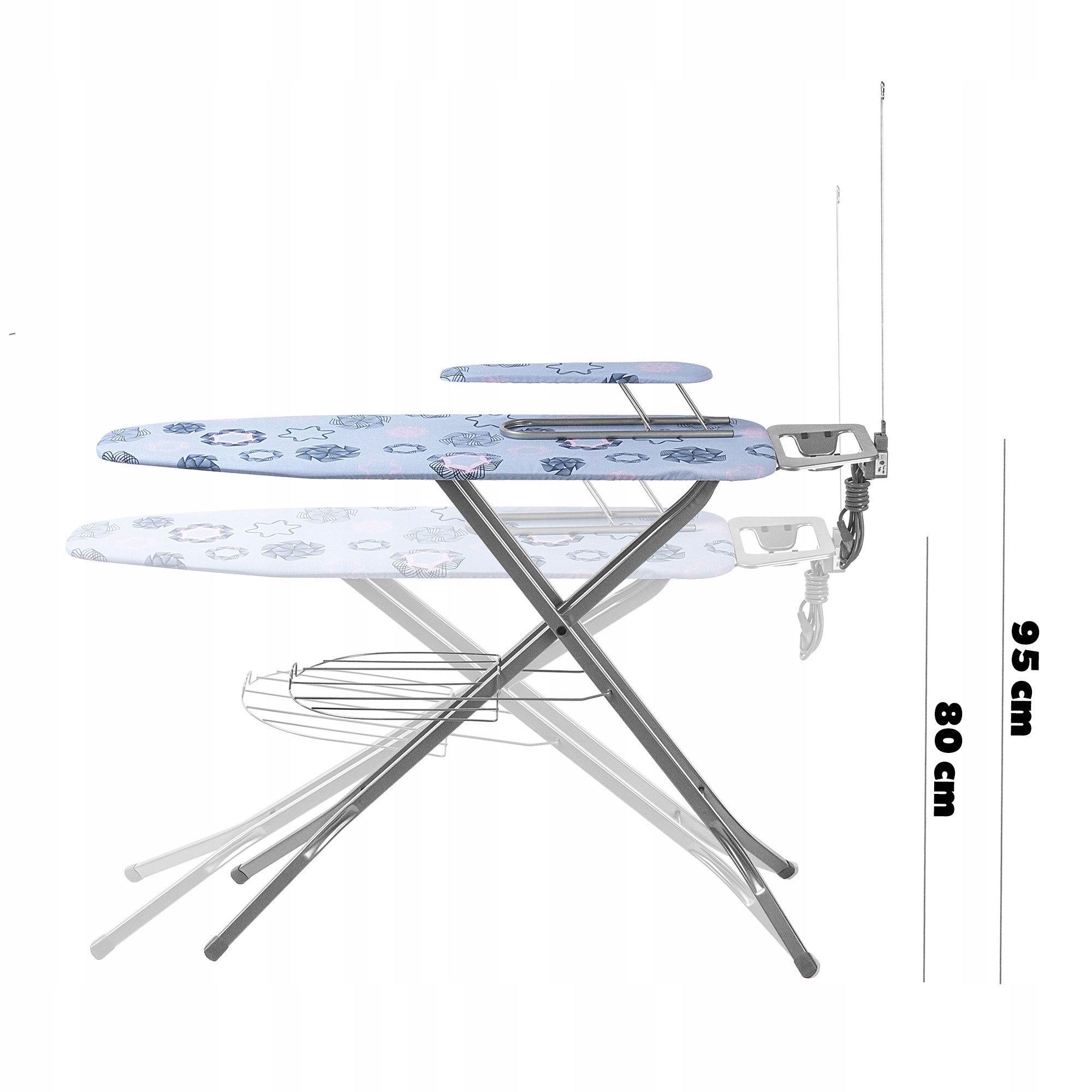 KADAX Table à Repasser pour Centrale Vapeur, Planche Pliable avec Support pour Fer, Prise de Courant, Étagère et Hauteur Réglable (120 x 38 cm, Bleu) - 4