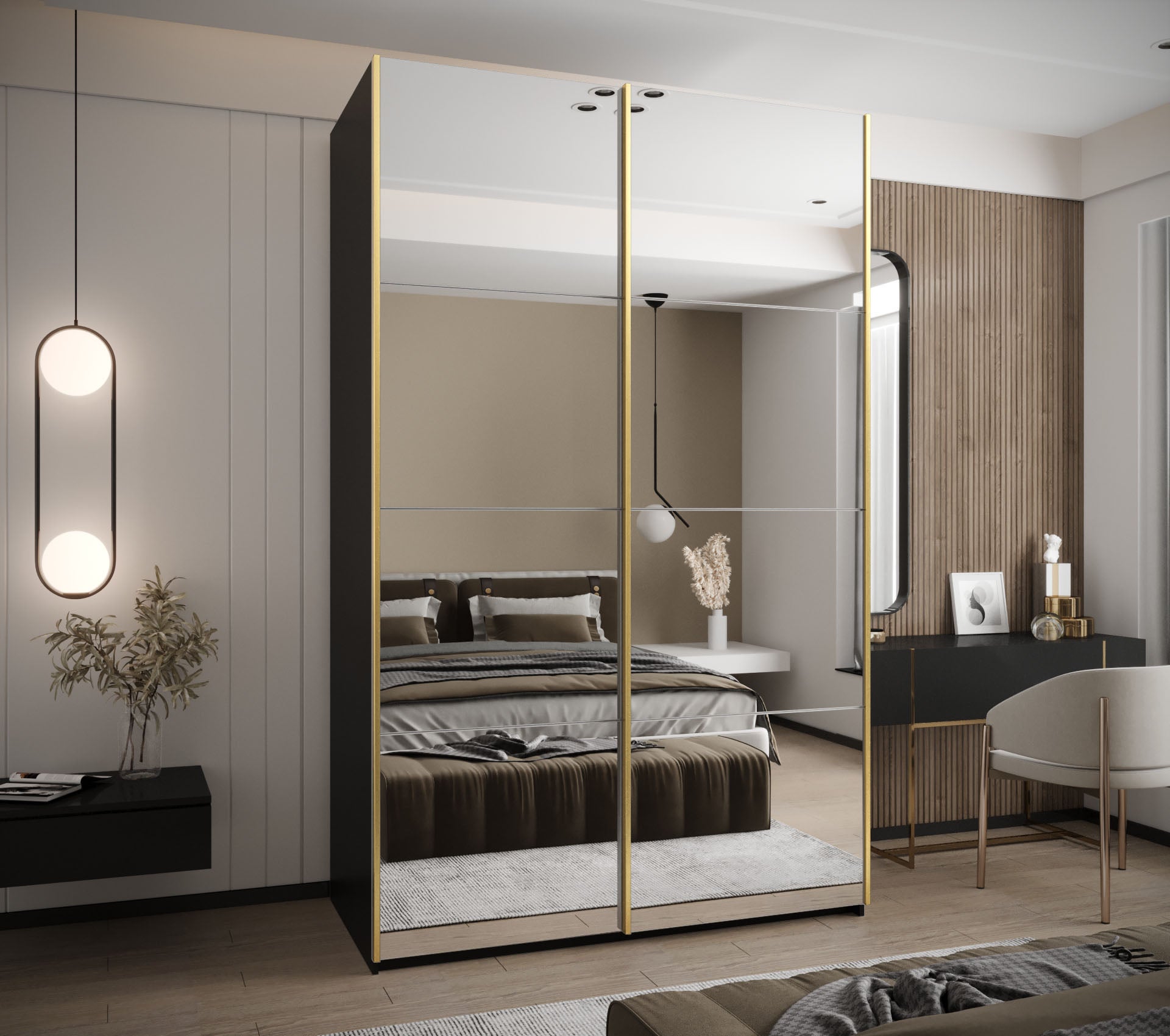 Szafa przesuwna wysoka Lux 2 160 x 64 x 245,5 cm czarny + biały + u. złoty - Abiks Meble - 2