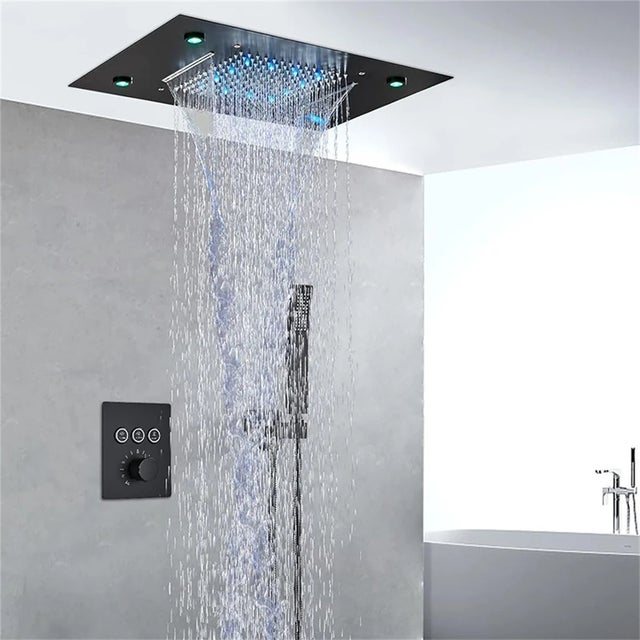 Bextcok Ensemble de douche à effet pluie, pommeau de douche de plafond à DEL avec douchette à main, système thermostatique à affichage numérique，noir