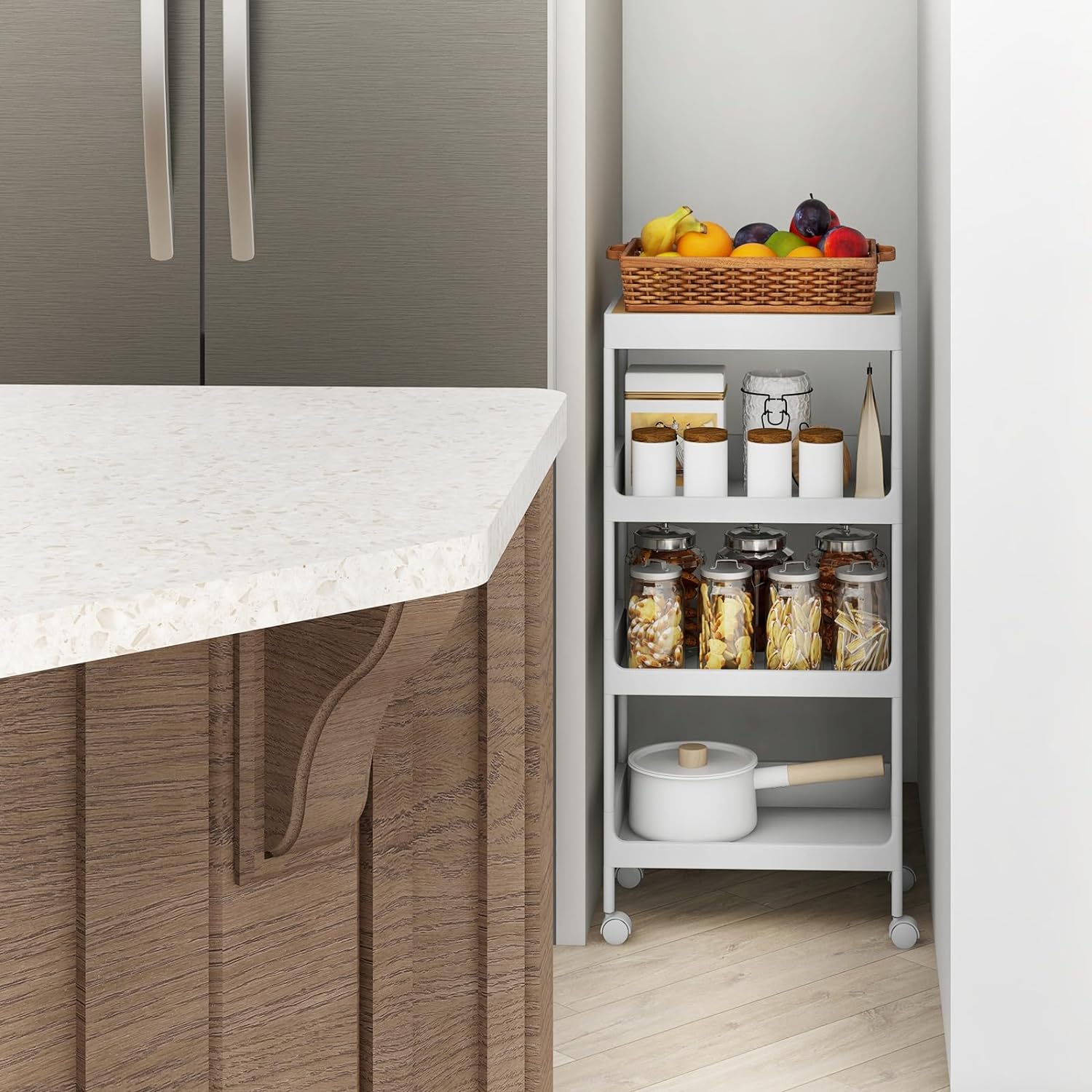 Carrello da Cucina a 3/4 Piani, Carrello con Vassoio Staccabile e Ruote Bloccabili, Carrello Multiuso per Cucina Bagno Lavanderia Spazi Strett - 5