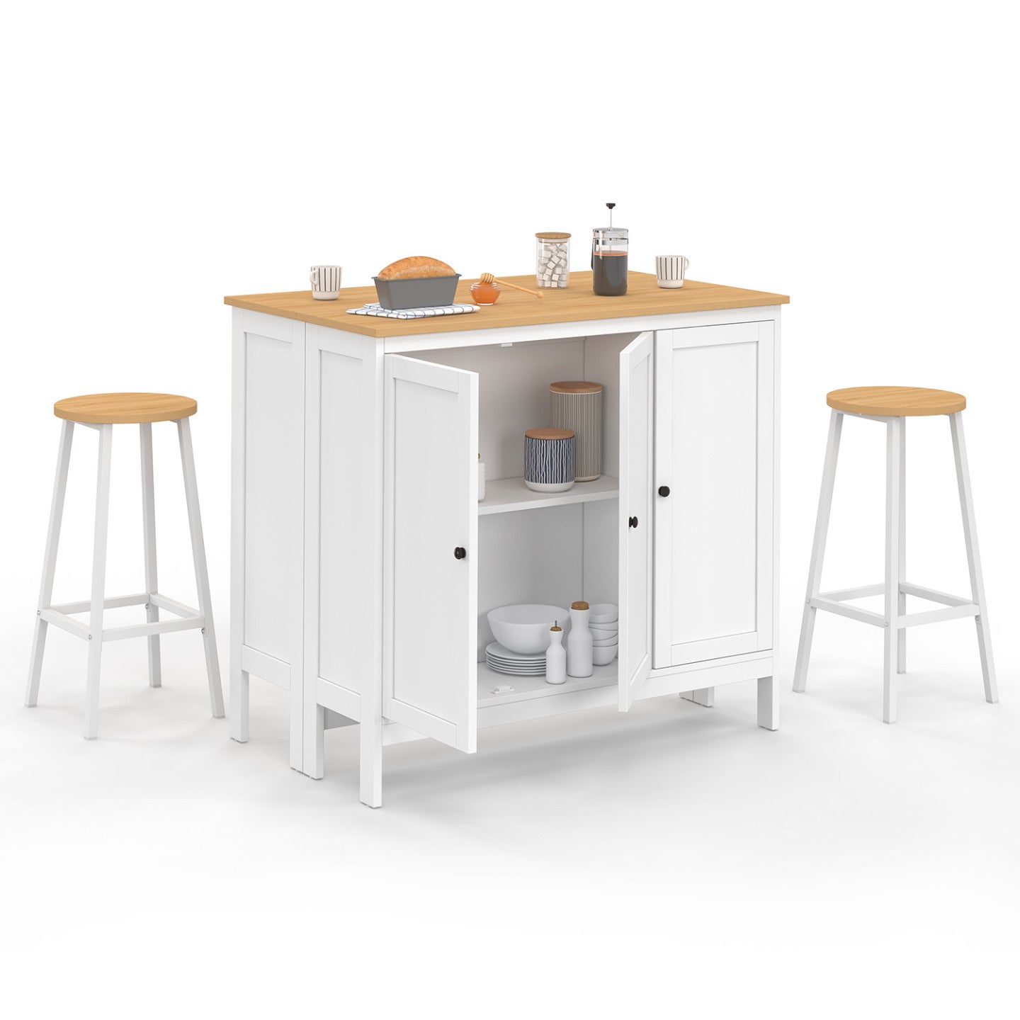 Ensemble table de bar îlot Achille et 2 tabourets bois blanc plateau façon hêtre - 2