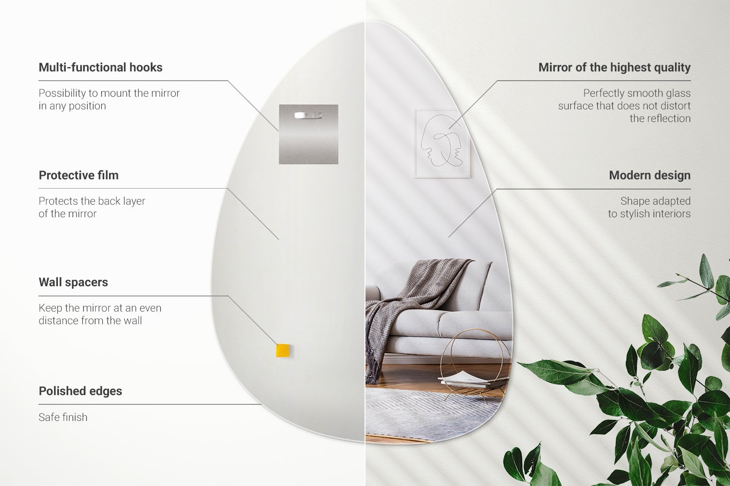 Miroir organique premium design moderne forme asymétrique élégante décoration intérieure salon chambre 50x70 | Wallfluent - 3