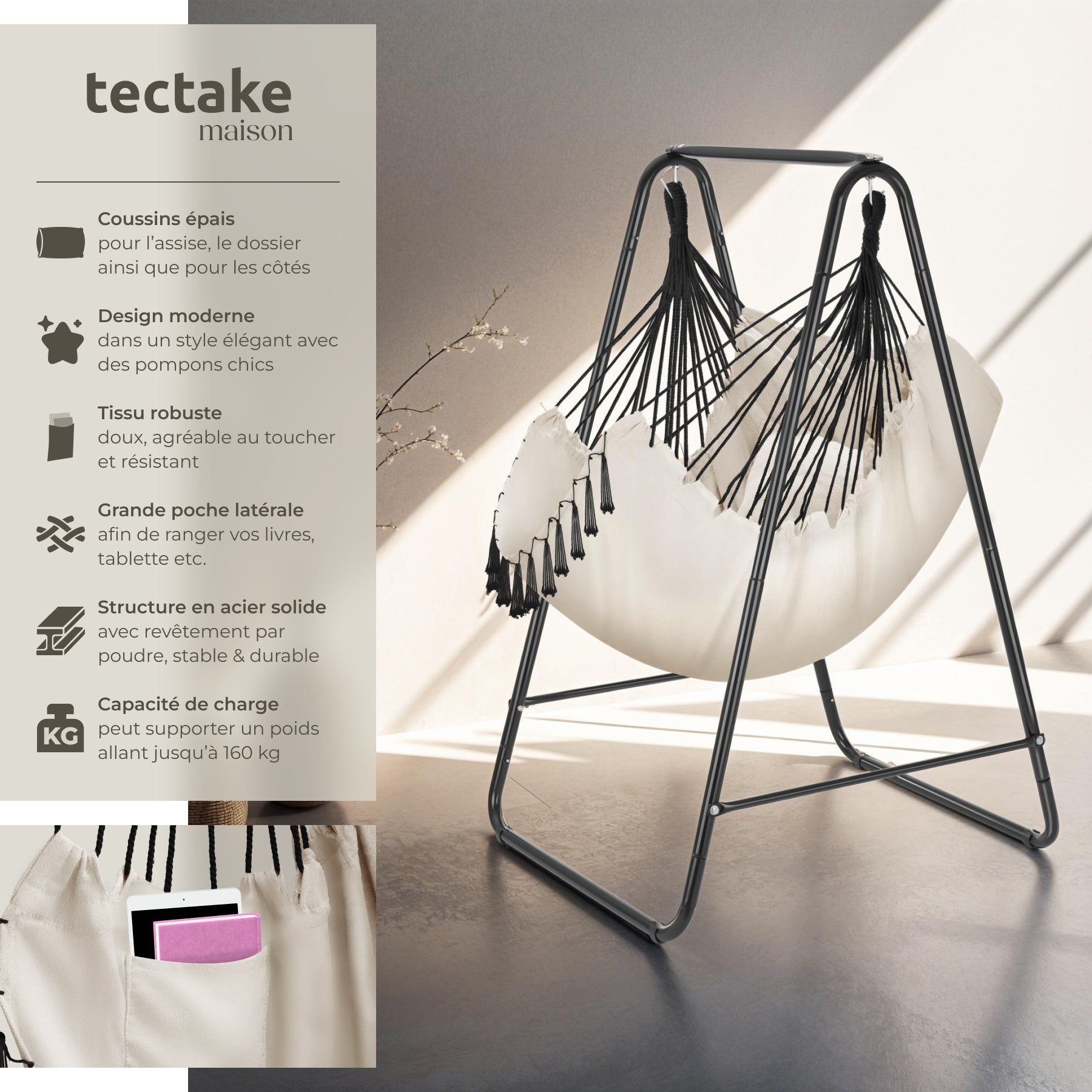 TECTAKE Cadeira suspensa 3 almofadas espessas - 2