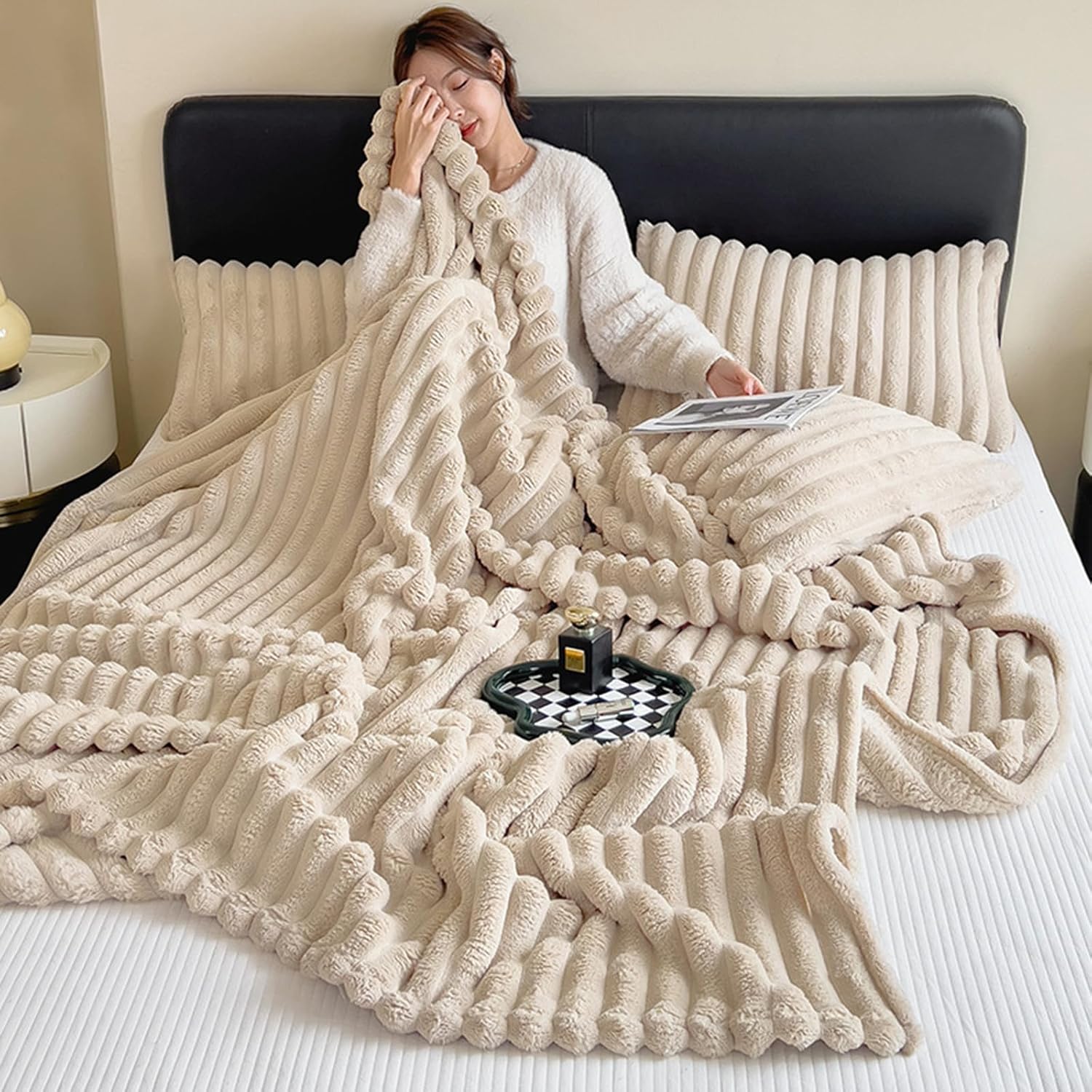 Plaid en laine, plaid, plaid de canapé, doux et confortable, poils longs, hiver - kaki - 120×200 cm - 4