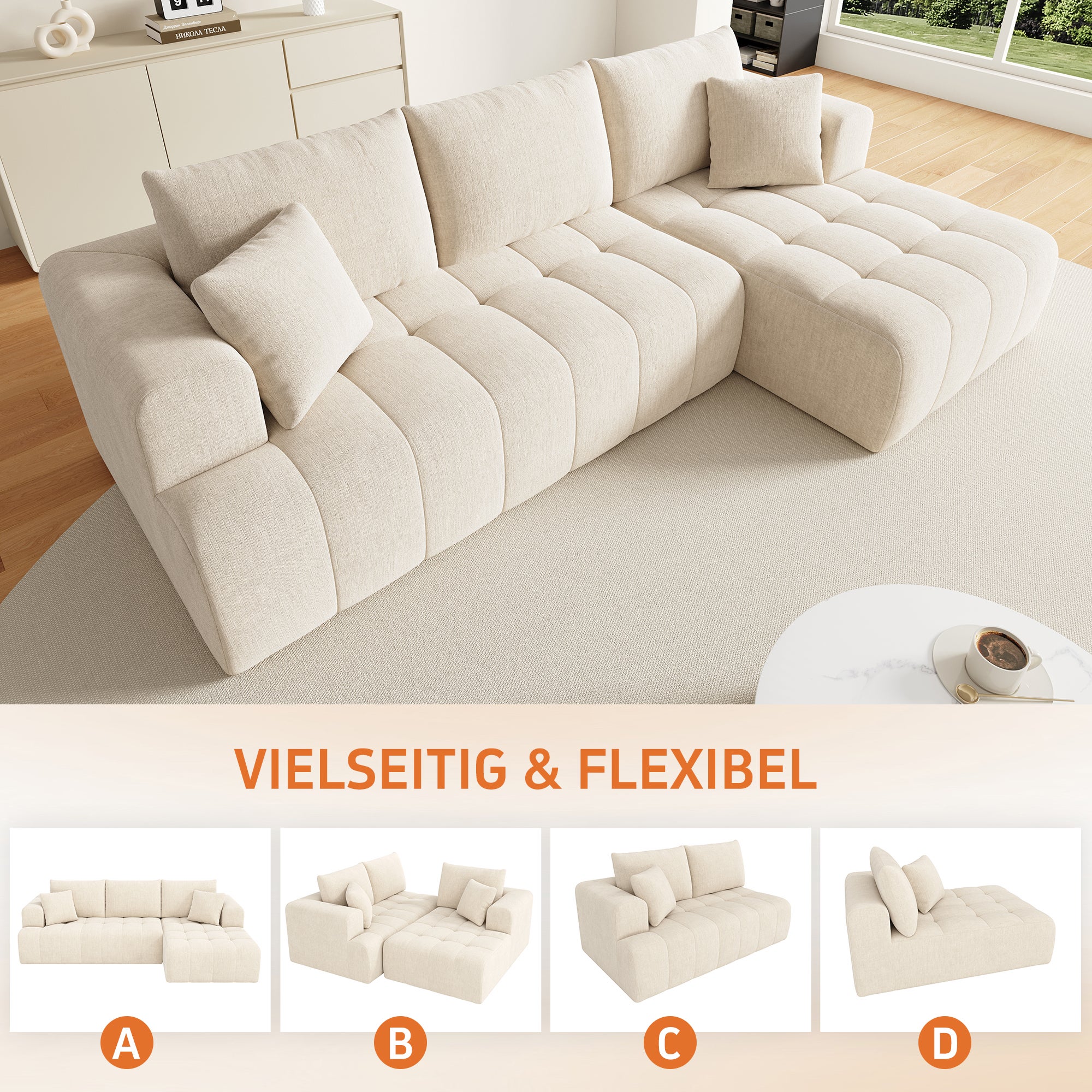 Canapé d'angle modulaire en L 244.5x136x79cm, canapé nuage, tissu chenille confortable, combinable librement,sans montage, Beige - 7