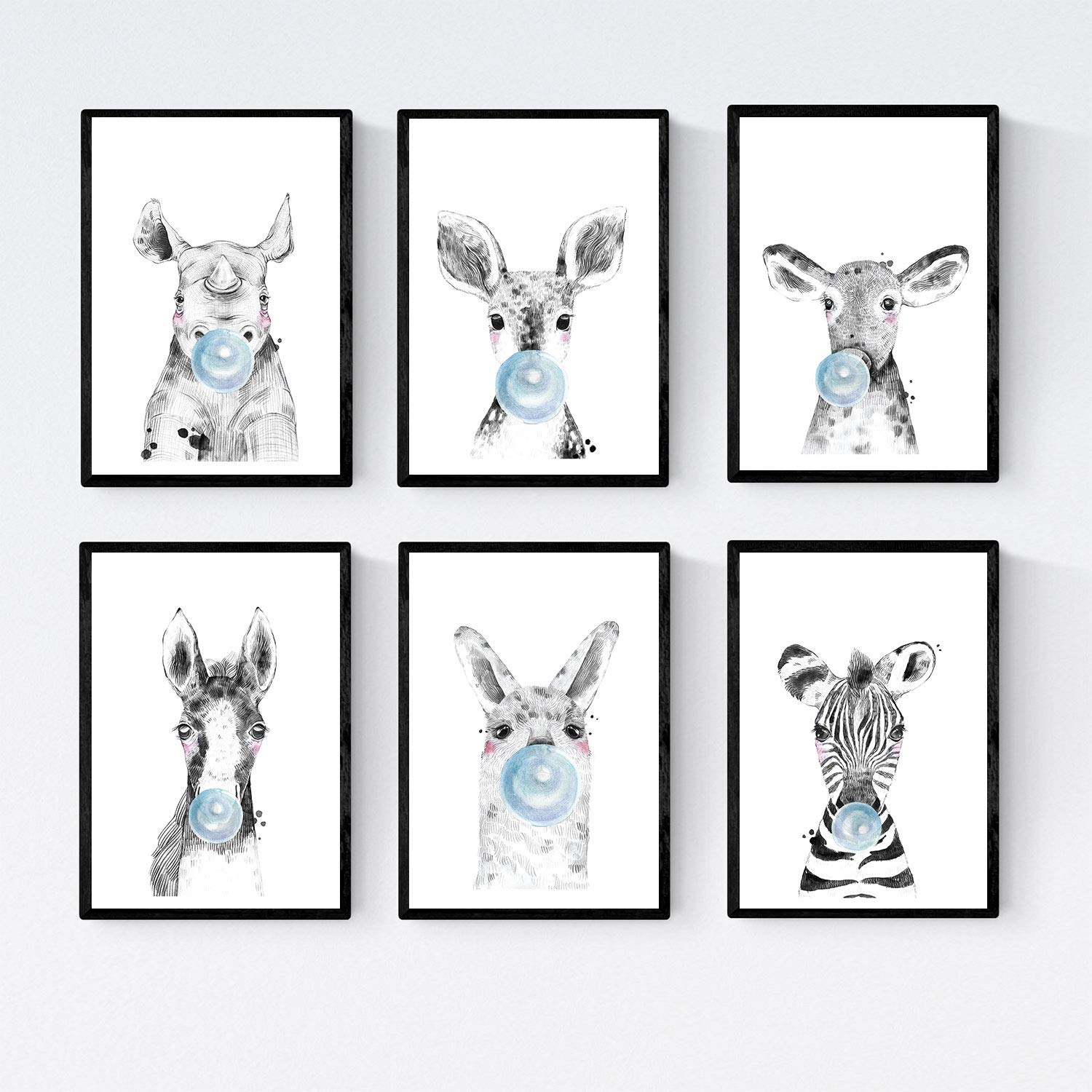 Set 6 posters animales bebes con chicle. zebra rino ciervo vaca caballo llama. sin marco - a4