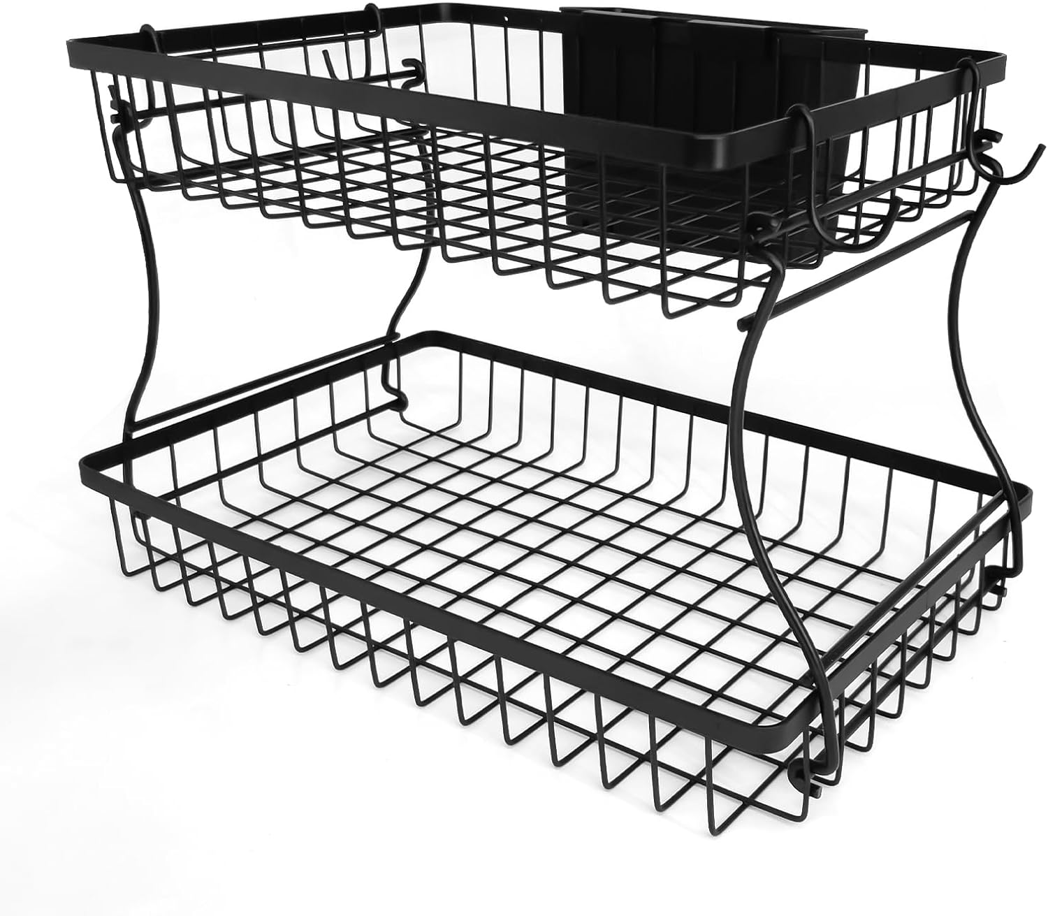 Dwuwarstwowy metalowy kosz do przechowywania, czarny, z organizerem na blat, wyjmowany, odpowiedni do kuchni i łazienek.