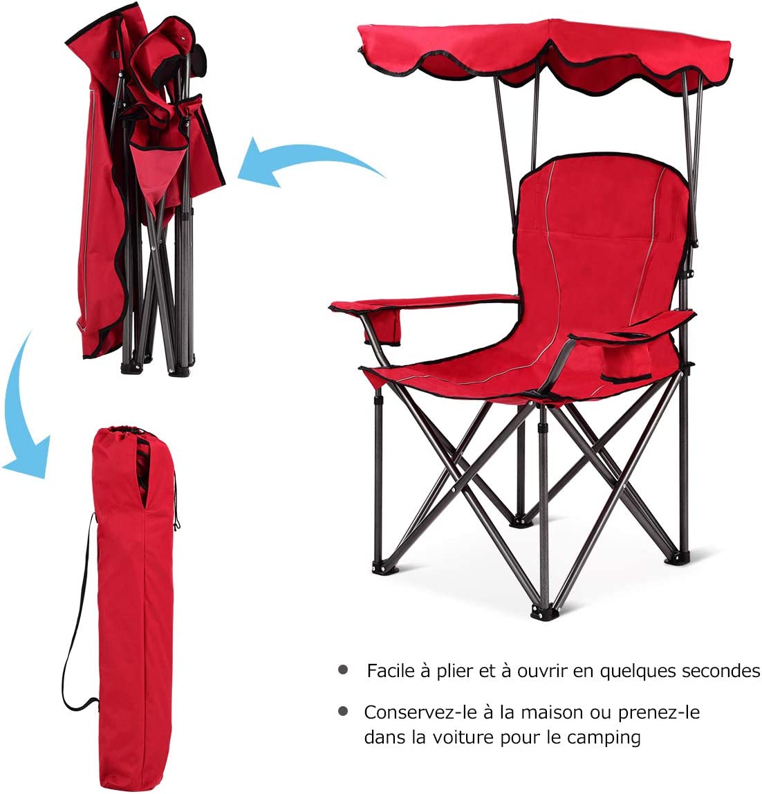 Chaise de camping avec parasol, chaise de plage pliante avec porte-gobelet, accoudoir rembourré - 5