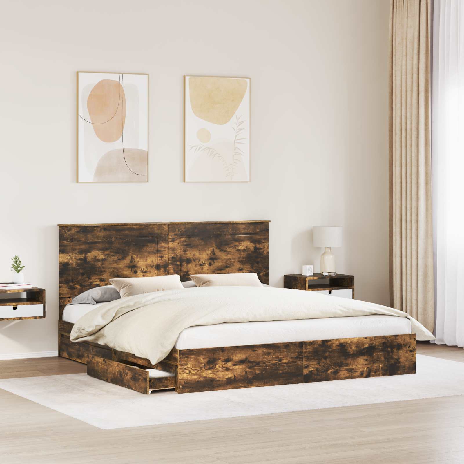 Lit avec rangement, panneau de bois, chêne fumé, pour la chambre, 180 × 200 cm - 3