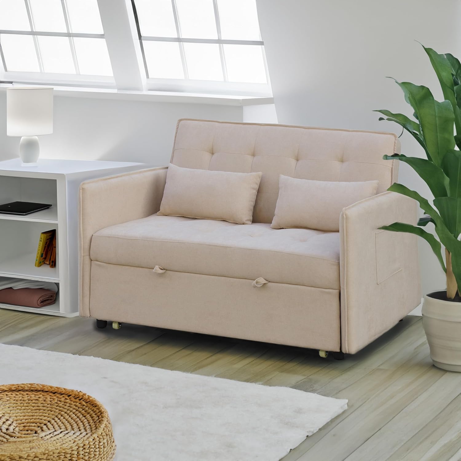 Sofá cama 3 posiciones con sistema clic-clac – convertible en cama, tapizado beige, estructura de madera y cojines incluidos – 135x87x96 cm