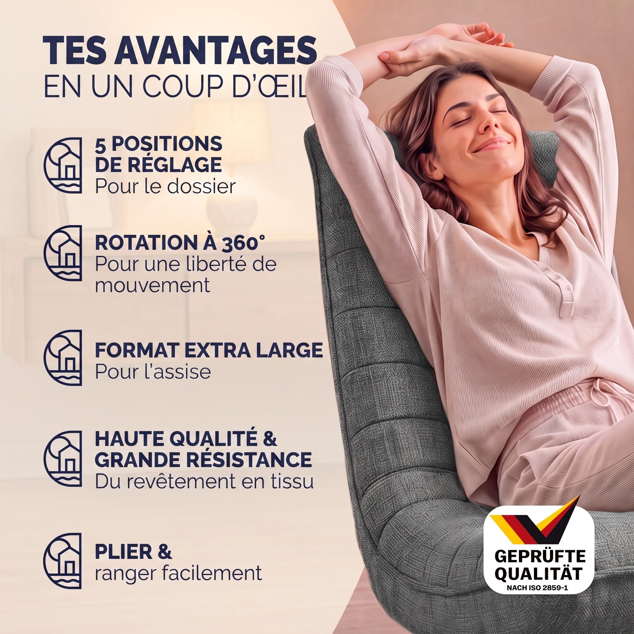 CASARIA Fauteuil tout confort pivotant 360 degrés gris - 9