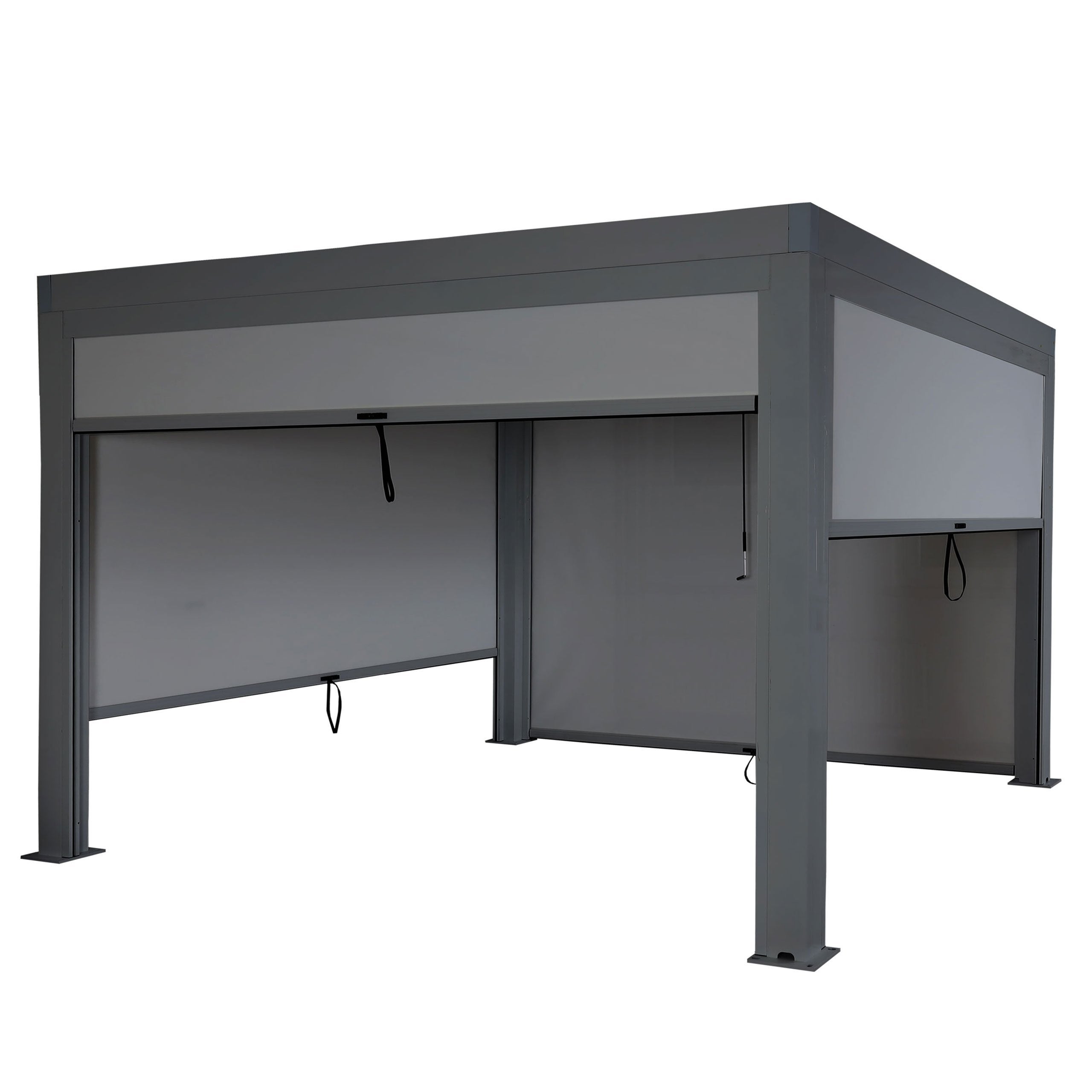 Pergola HWC-L46 z boczną ścianką, altana ogrodowa Altana z lameli Roleta, rama aluminiowa 10 cm, odporna na burzę 3 x 4 m ~ antracyt